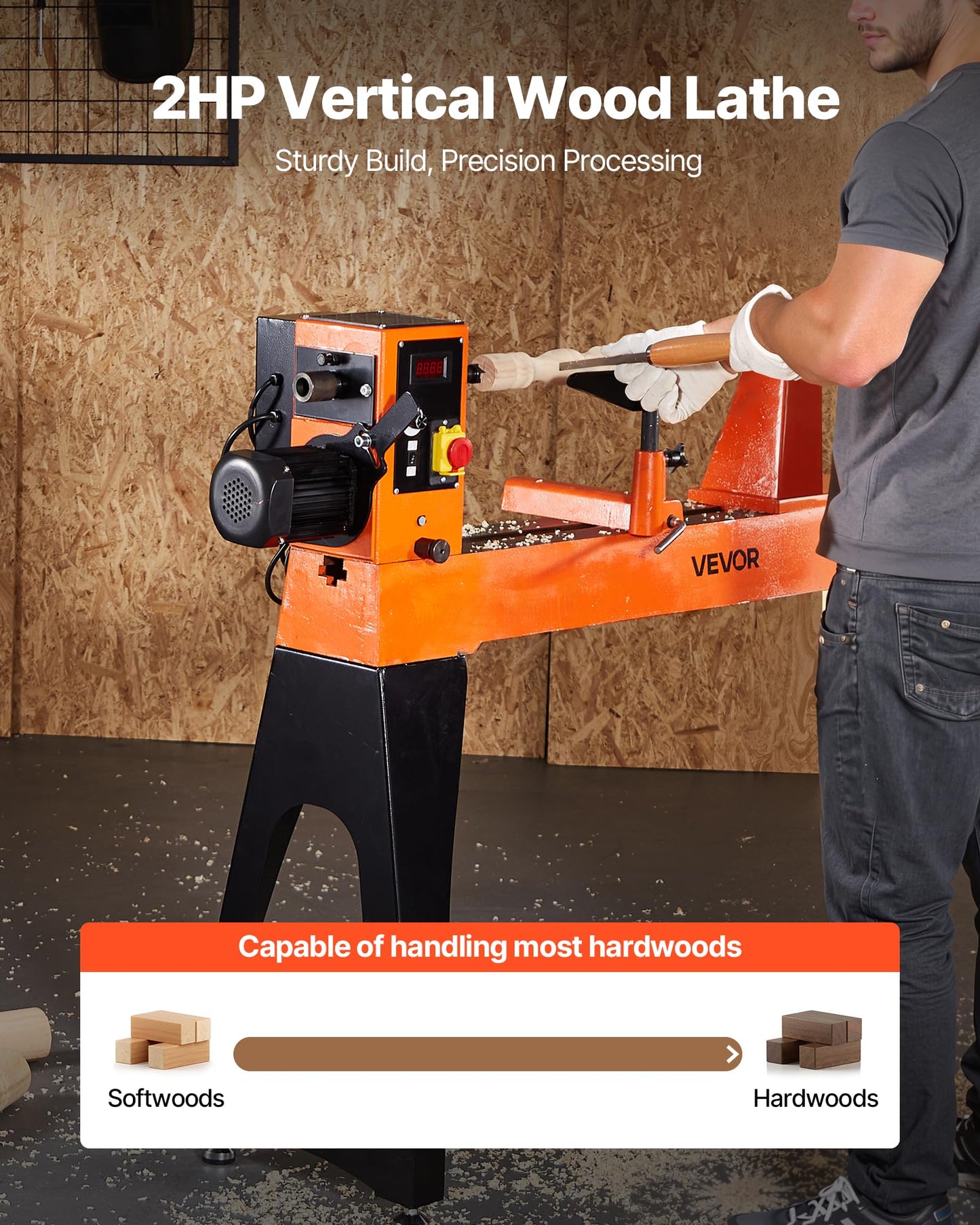 VEVOR 2 HP Wood Lathe, 18 x 40 Inches, 150–3200 RPM Variable Speed, Brushless DC Motor, Cast Iron Body, Tool Rest