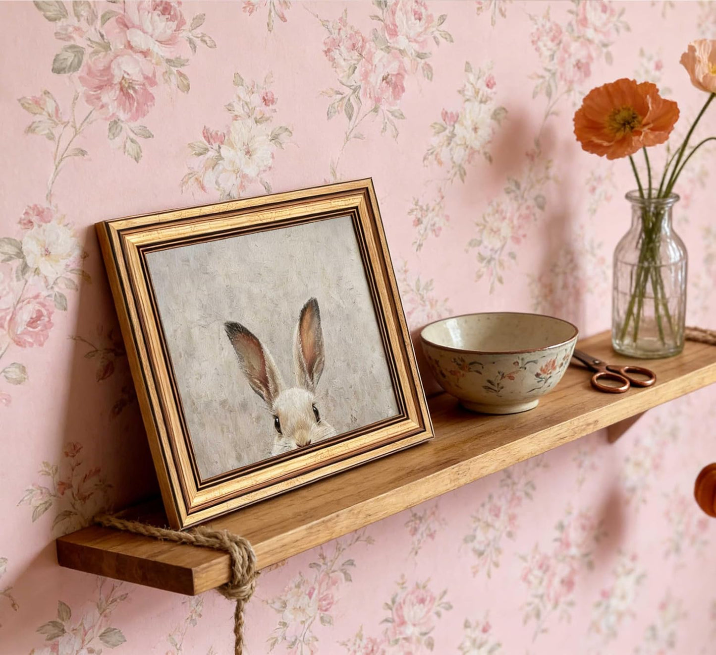 Regine Switzerland Vintage Gold Framed Bunny Canvas Wall Art - Rustic Rabbit Oil Painting 9x11in