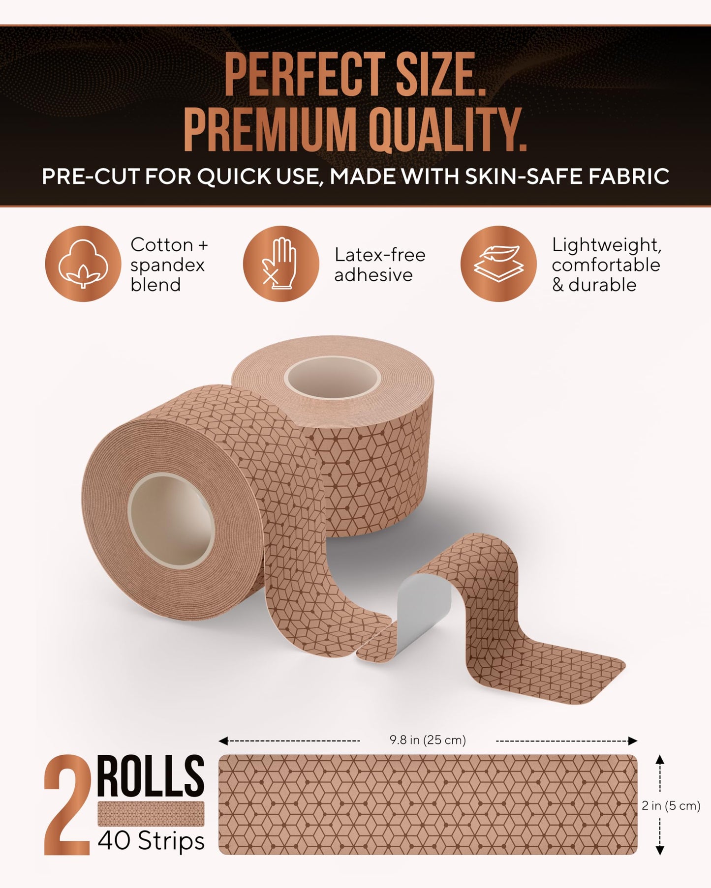 TheraCopper Copper Infused Kinesiology Tape – 2 Rolls (40 Precut Strips) – Advanced Waterproof Kinesiology Tape for Shoulder, Elbow, Bowling Wrist, Weightlifting, Muscle Strain & Joint Support (Tan)
