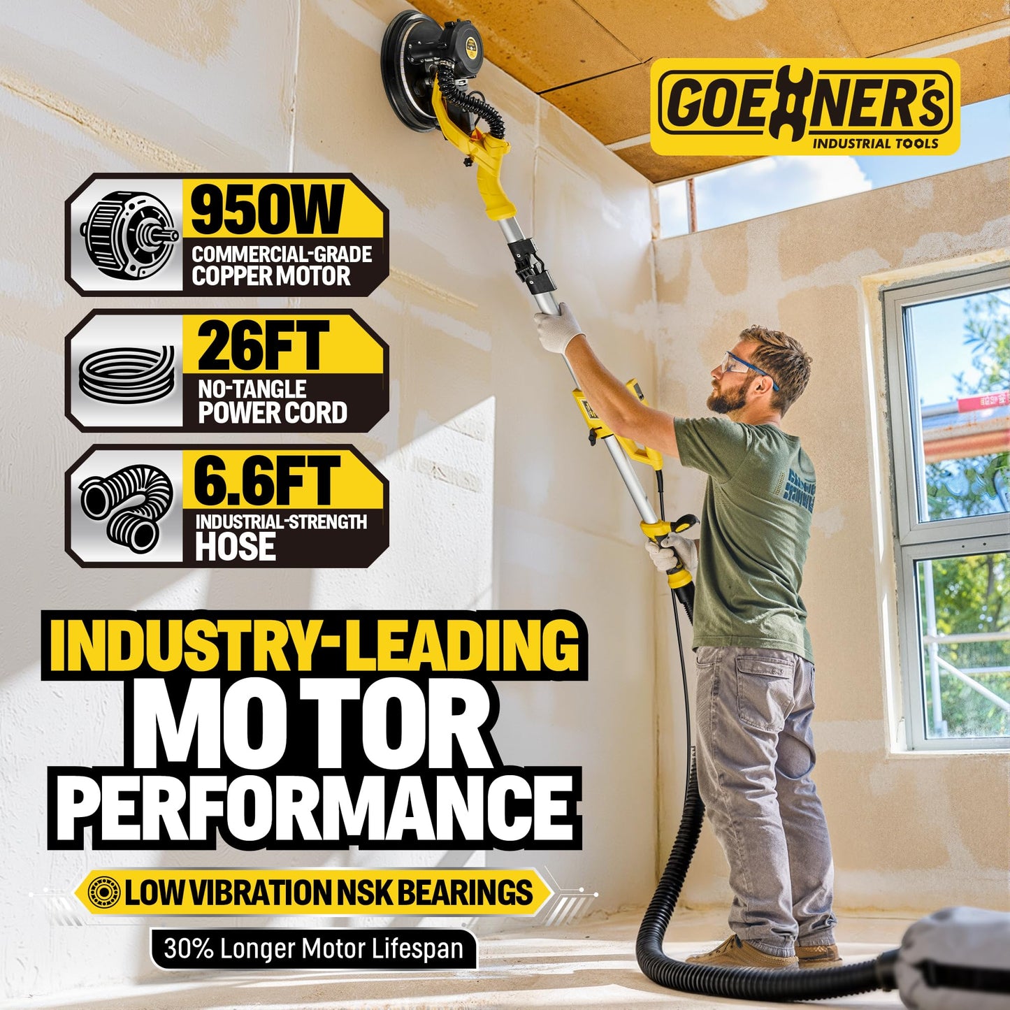 Drywall Sander, 950W 8.5A Electric Drywall Sander with Vacuum Dust Collector, 9 Variable Speed 800-2100RPM, 26FT Power Cord, Wall Sander for Popcorn Ceiling, Pole Sander for Drywall (Yellow)