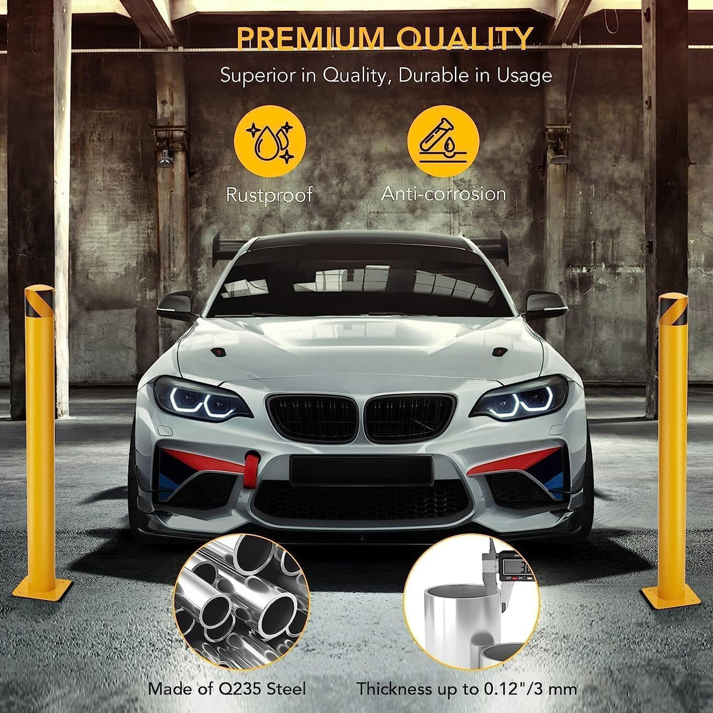 Safety Bollard, 6 Packs 48 Inch Height Bollard Post, 4.5 Inch Diameter, Yellow Safety Steel Bollard Post, with 24 Anchor Bolts, for Traffic Control, Driveway Barrier, Parking Pole