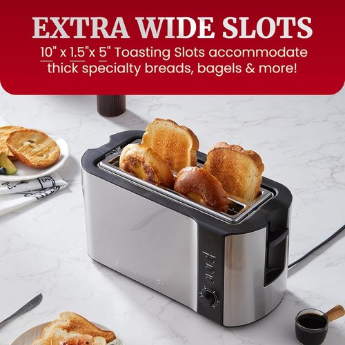 Elite Gourmet ECT-3100 4-Slice Long Slot Toaster - Extra Wide Slots for Bagels & Texas Toast - Stainless Steel Finish
