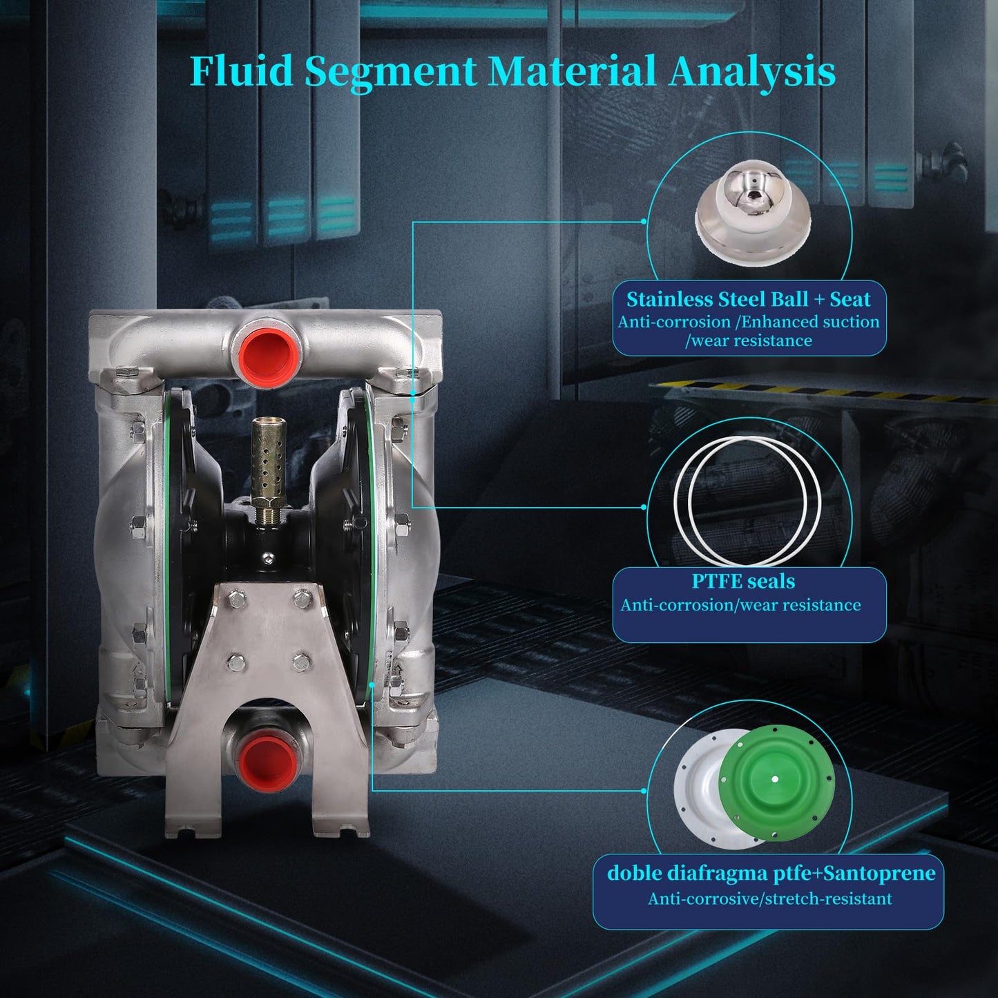 Air Operated Double Diaphragm Pump 1 inch Inlet/Outlet Pneumatic Waste Oil Transfer Pump for Chemical DN25 35GPM Dual Diaphram Teflon by Aluminum alloy 115 PSI (QBY4-25 SS+PTFE 35GPM)