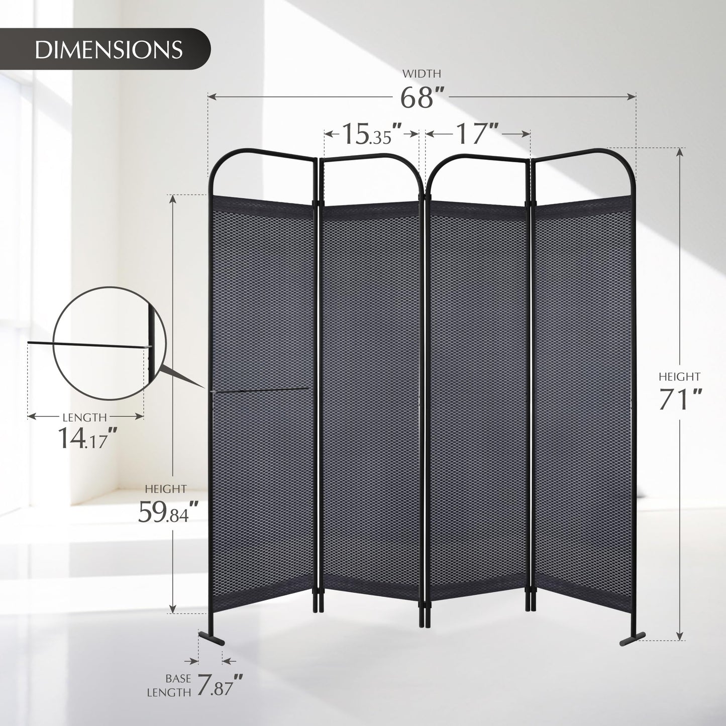 DECOLAB 4 Panel Room Divider Partition, Portable Folding Privacy Wall Panel, Home, Office, Studio, Bedroom, Light & Air Flow, 68" x 71", Knight