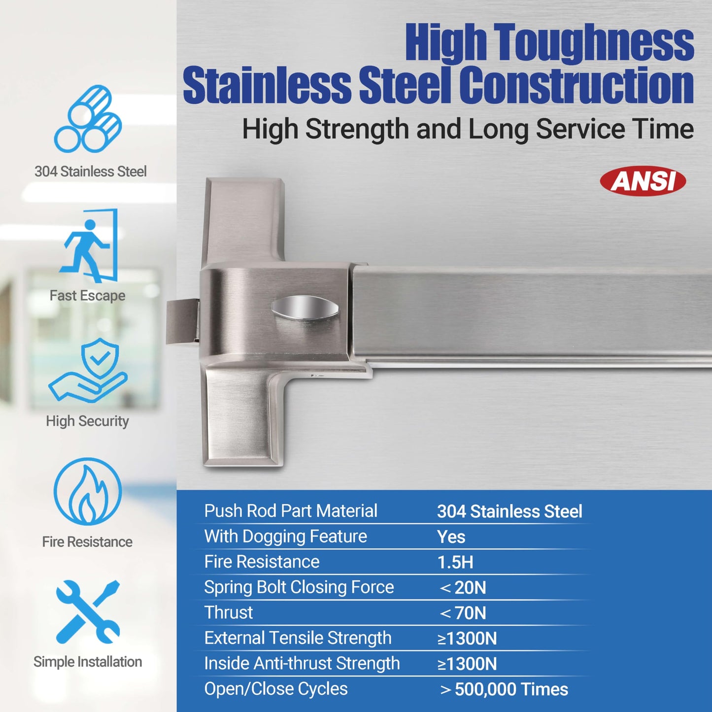 31" Commercial Push Bar Panic Exit Device (304 Stainless Steel) - Panic Bars for Exit Doors with Exterior Lever - Emergency Exit Panic Door Hardware for 31"-47" Wooden/Metal Doors