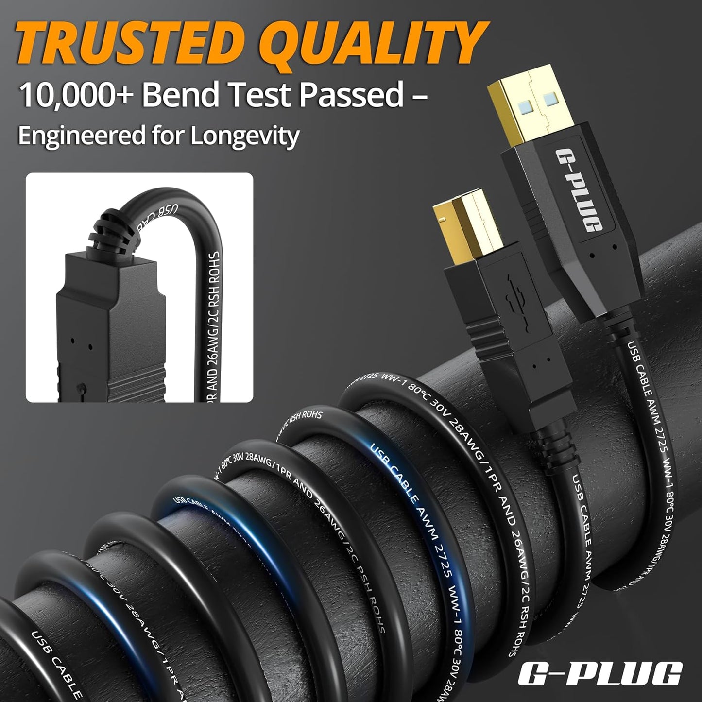 2.0 6FT G-PLUG USB Printer Cable High-Speed USB A to B Cord, Compatible with Printers, Scanners, Fax Machines and More