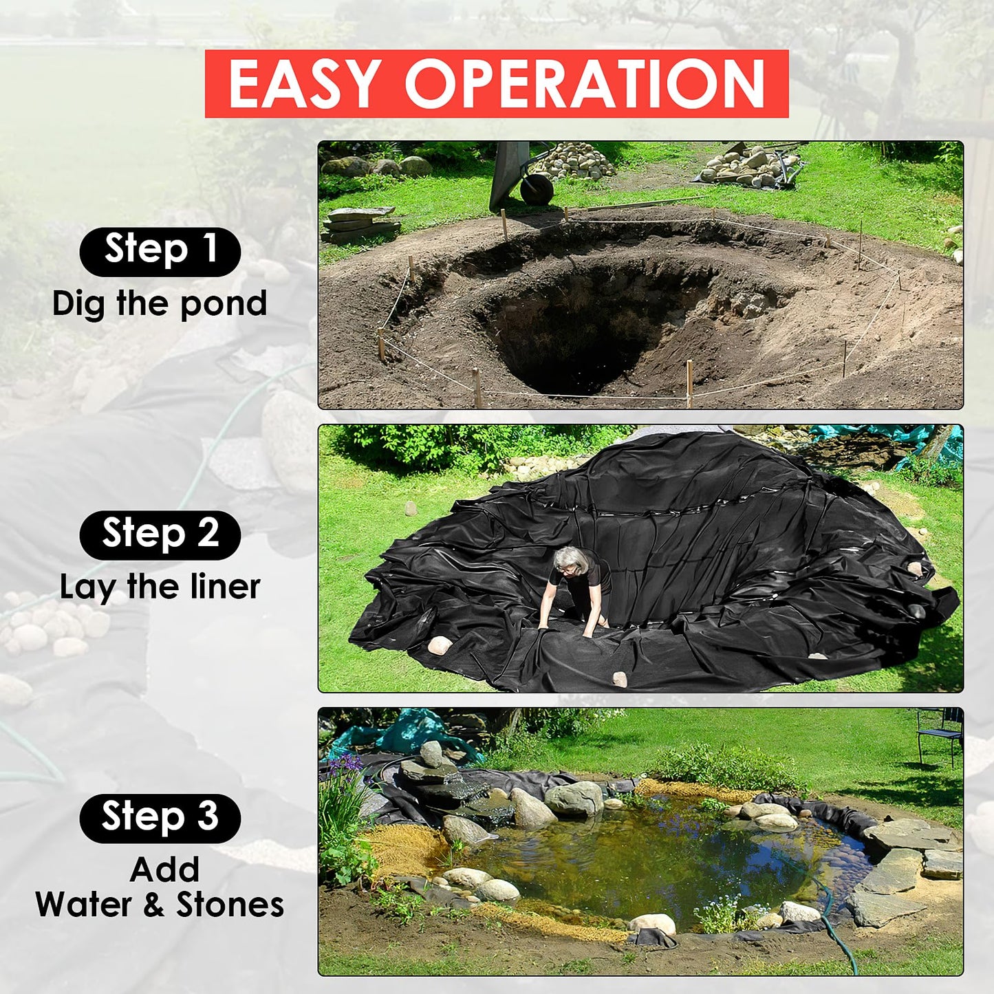 SierraSquad 10x10 ft Pond Liner, 45 Mil Thickness, Pliable & Durable EPDM Material, Easy Cutting & UV Resistant, for Fish or Koi, Features, Waterfall Base, Fountains and Water Gardens