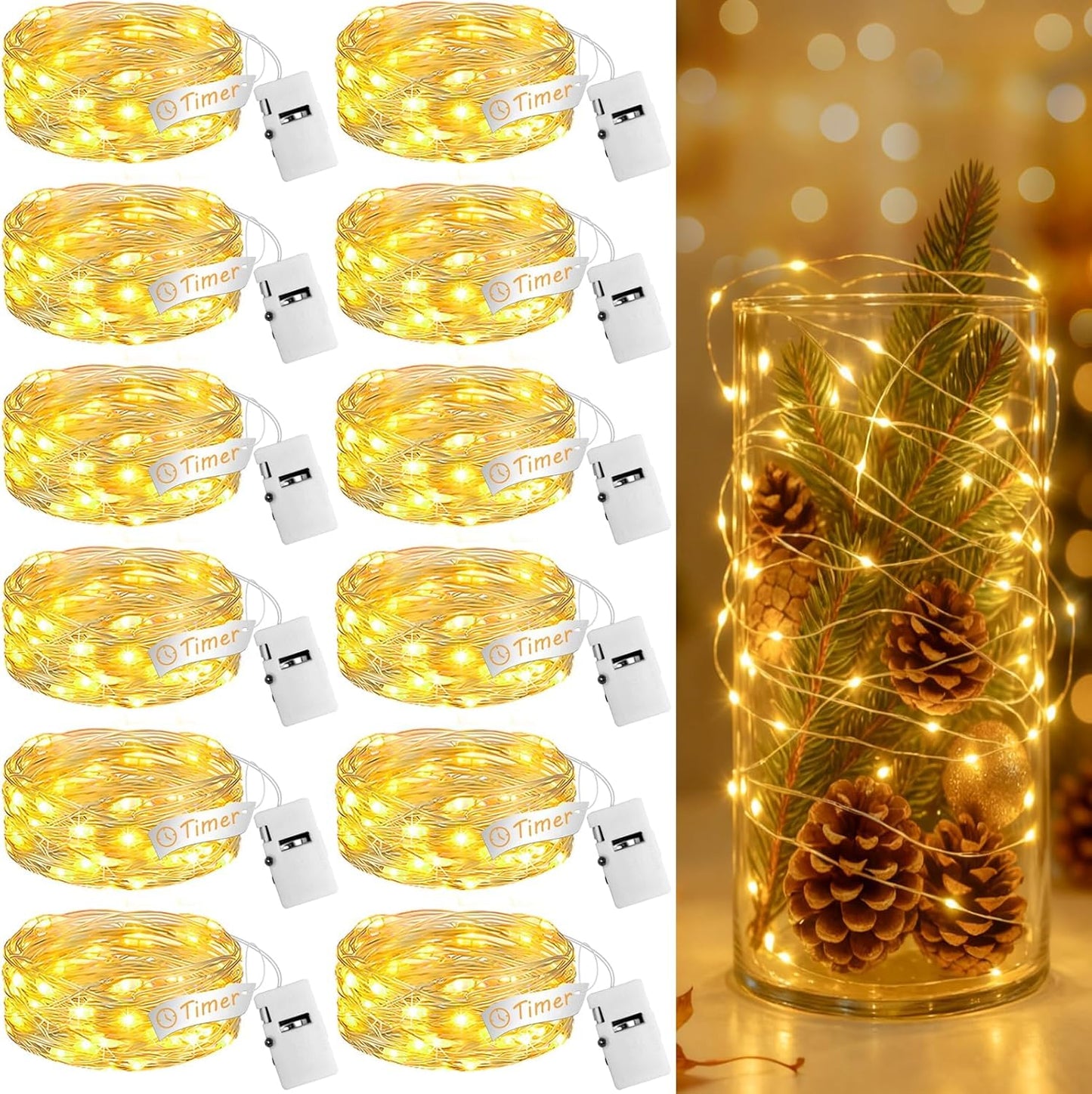 Skiennix 12-Pack Fairy Lights - 7ft 20 LED Battery Operated Twinkle Lights with Timer | Warm White Decor for Christmas, Parties & DIY Projects