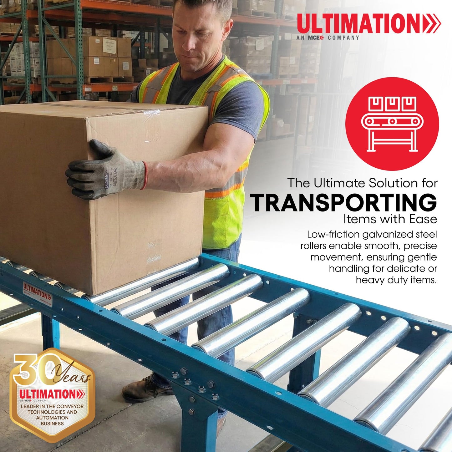 Light-Duty Gravity Conveyor with 1.5" Dia Galvanized Steel Rollers, 12" Wide, 5' Long Steel Frame on 6" Centers, Ideal for Distribution/Assembly Areas Such As Table, Ladder, Bed, Boat - Ultimation