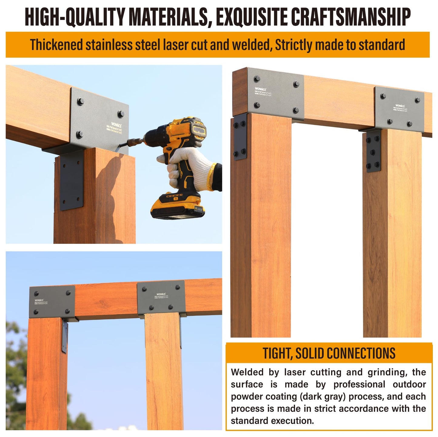 WOWACE 4Pack 4x6 (Actual 3.5"x5.5") Heavy Duty Stainless Steel Pergola Brackets - End Post to Beam Connector for Gazebos, Patio Decks, Porches - Wood Post Cap Tie Bracket (Dark Gray)