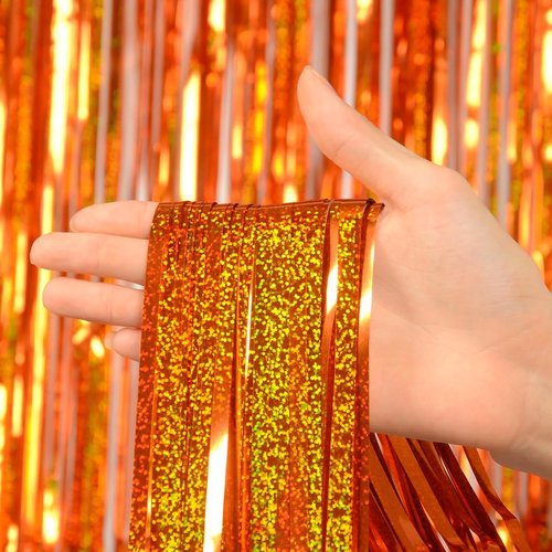 Melsan Tinsel Fringe Curtain - Upgraded 3 Pack of 3.2 x 8.2 Ft Orange Metallic Streamers for Parties & Events