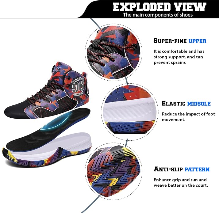 ASHION Kids Basketball Shoes Boys Girls Sneakers Mid-Top Lace Up Cushion Anti Slip Athletic Outdoor Sport Shoes for Unisex-Child