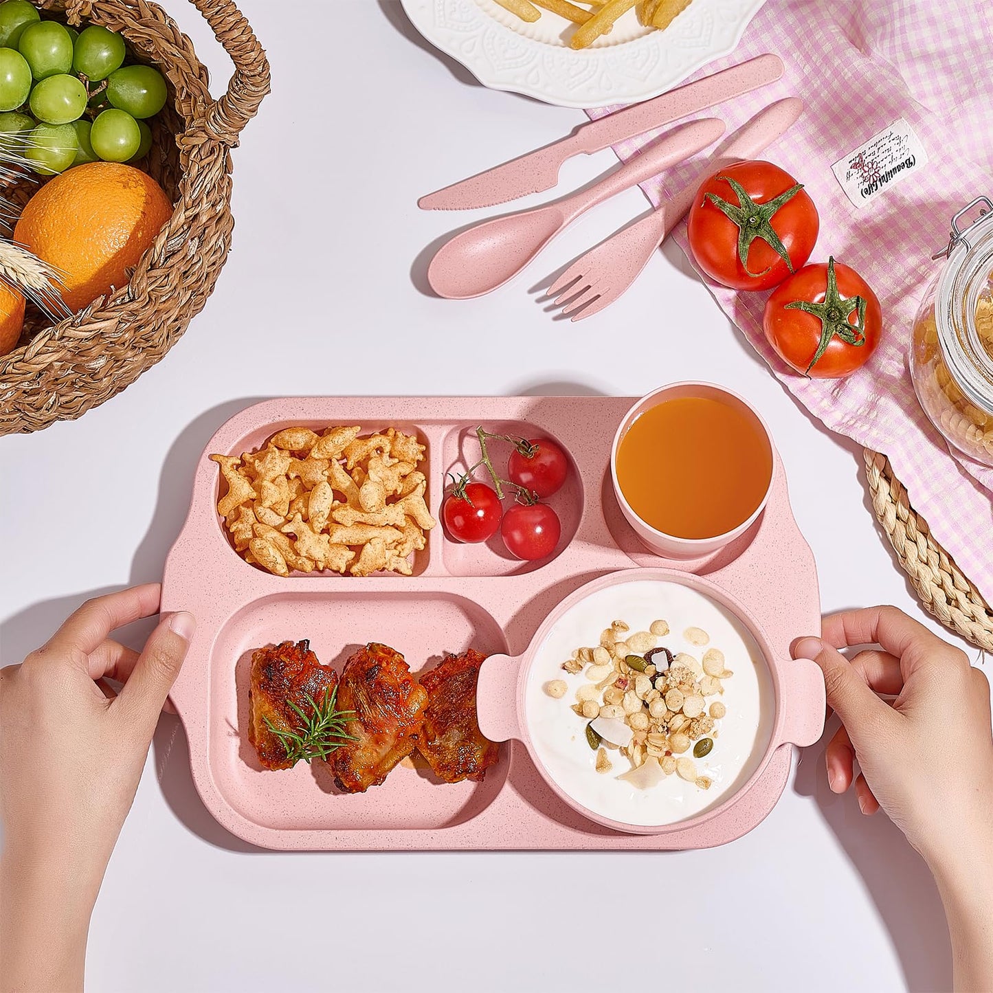 Hlukana 24 Pcs Wheat Straw Dinnerware Cutlery Set, Unbreakable Tableware Set, Including Kids Toddlers Divided Plates, Bowls, Cup, Cutlery Spoons Knifes Forks, BPA Free, Microwave Dishwasher Safe