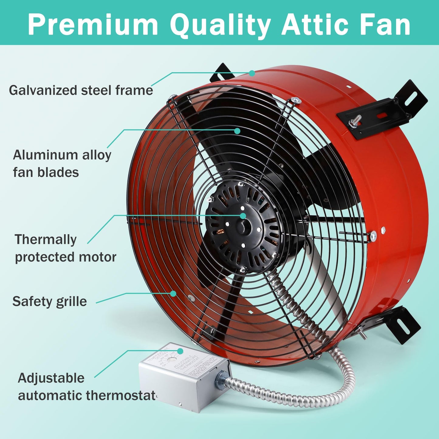 Hipoilk Gable Mount Attic Fan with Adjustable Thermostat, 15 Inch Exhaust Fan for Attic, Garage, Shed, Shop Ventilation, 1300 CFM, 1075 RPM, 1850 SQF Coverage Area