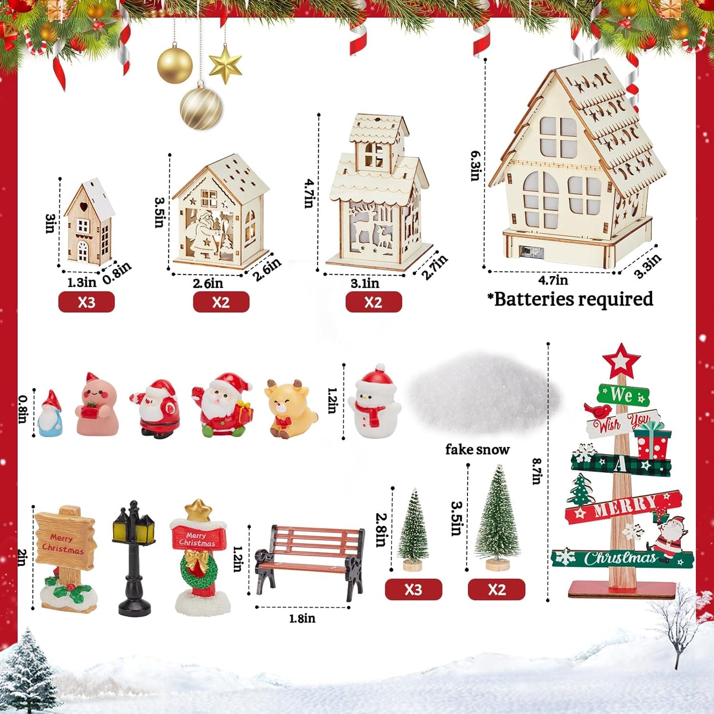 Skiennix 29-Piece Christmas Village Set - Lighted Wooden Houses & Miniature Trees for DIY Crafts