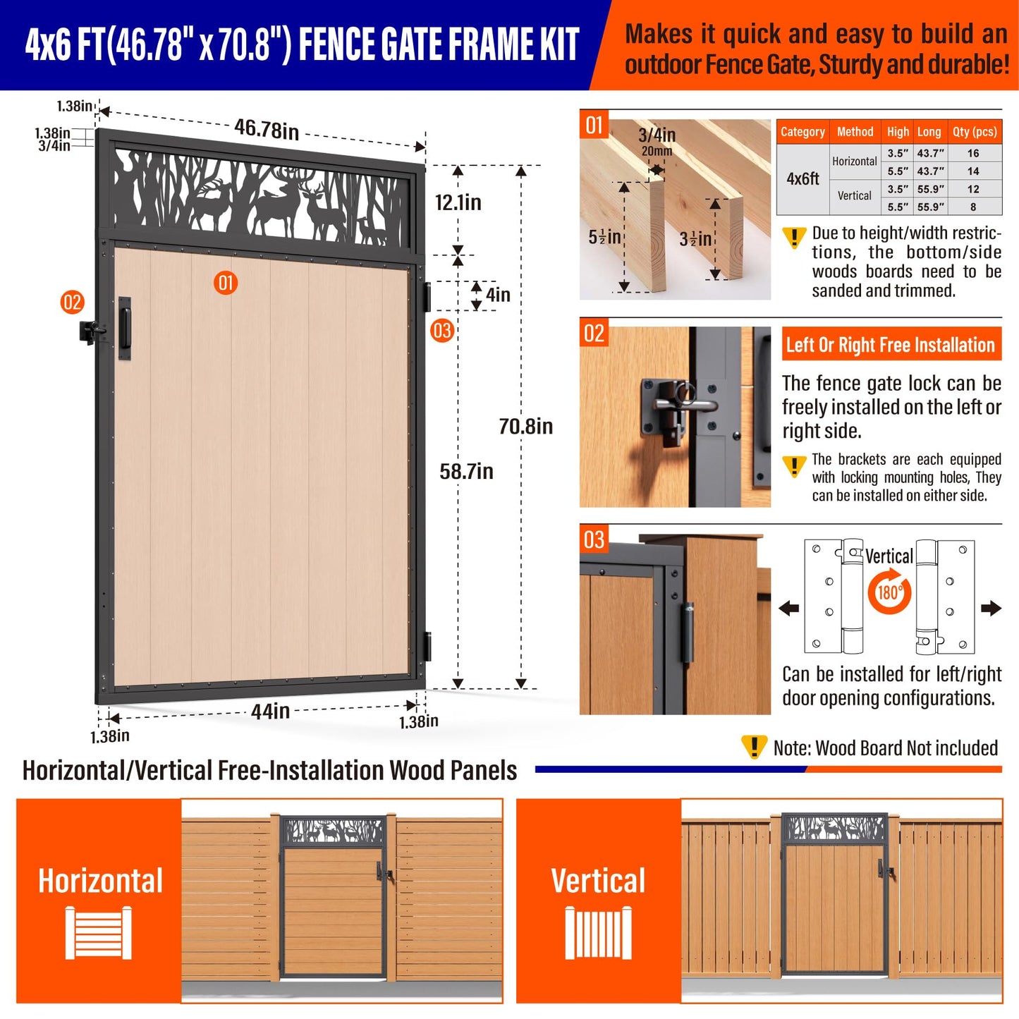 Prinfort 4x6FT (46.78"W X 70.8"H) 201 Stainless Steel Anti Sag Wooden Fence Gate Kit Heavy Duty Garden Gate Frame Hardware Kit Reinforcement (Left/Right Free-Installation)