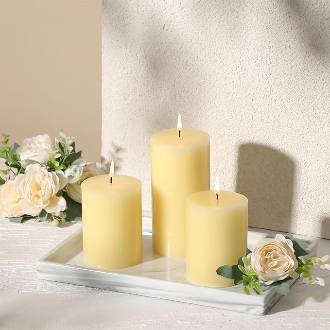 3x4 Inch Ivory Pillar Candles Set of 3 - Decorative Unscented Pillar Candles, Long Burning Dripless Candles for Table Decor, Smokeless Large Pillar Candles for Wedding, Dinner, Rustic Home Decor