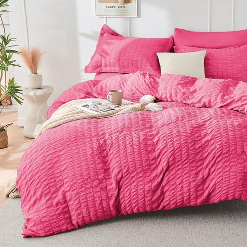 HYMOKEGE Twin Comforter Set - Hot Pink Seersucker 5-Piece Luxury Bedding Set | All-Season Comforter, Sheets & Pillowcase