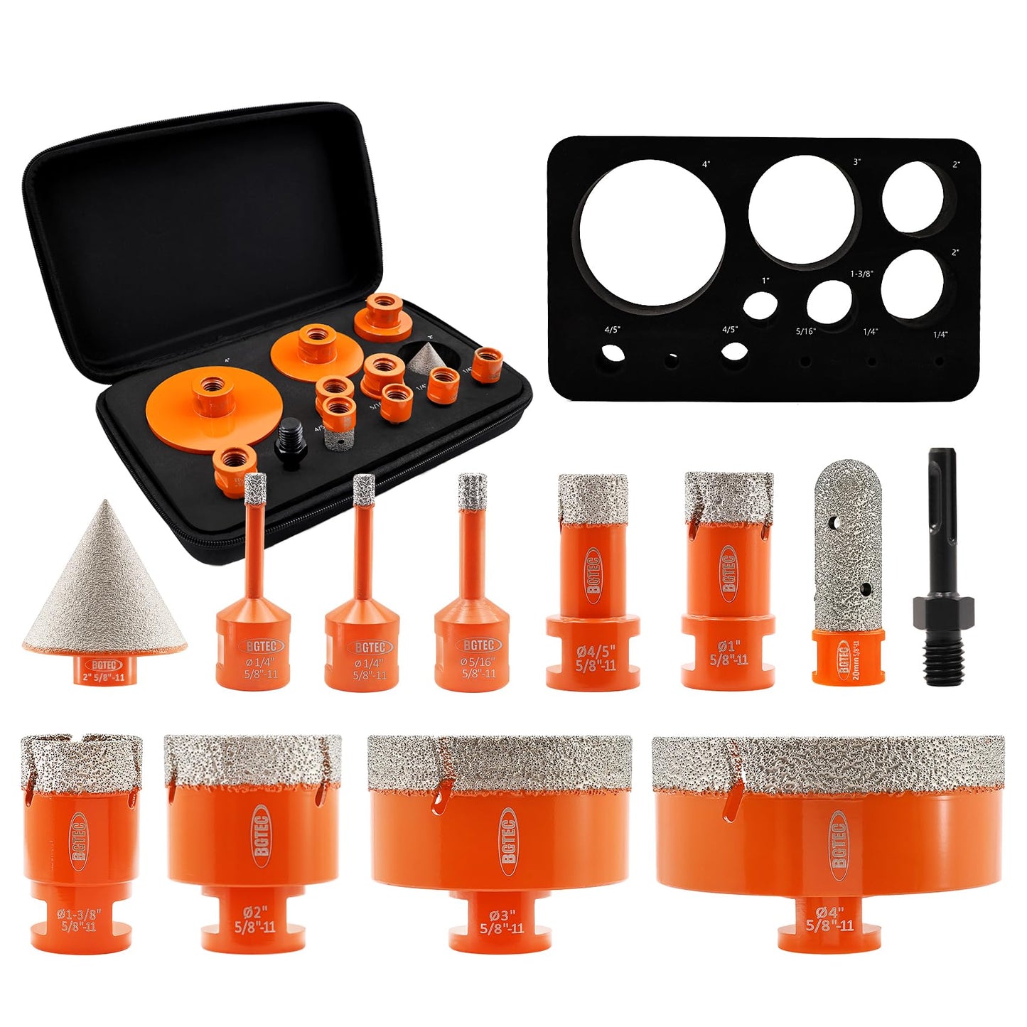 BGTEC Diamond Hole Saw Kit Marsonry Drill Bits,5/8-11 Thread 12pcs 6/6/8/20/25/35/50/75/100mm Drill Bits+20mm Milling Finger Bit+2" chamfering Bit+SDS for Granite Marble Porcelain Tile Ceramic