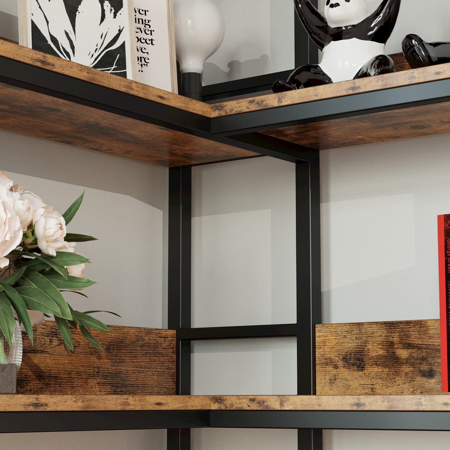 IRONCK Corner Shelf 5 Tiers 70LB Capacity L-Shaped Bookshelf with Baffles and Metal Frame for Home Office Living Room Kitchen Storage and Display