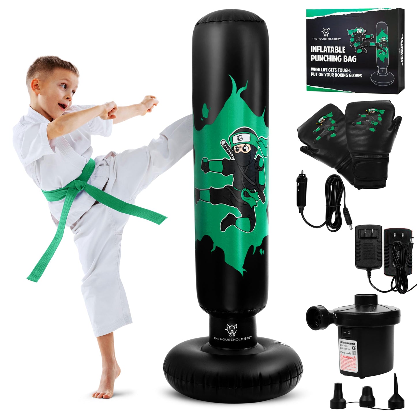 THB Inflatable Punching Bag for Kids, 63" Freestanding Ninja Boxing Bag Including Electric Air Pump with Gloves for Practicing Karate, Taekwondo, Stress Relief & Birthday for Ages 3-12