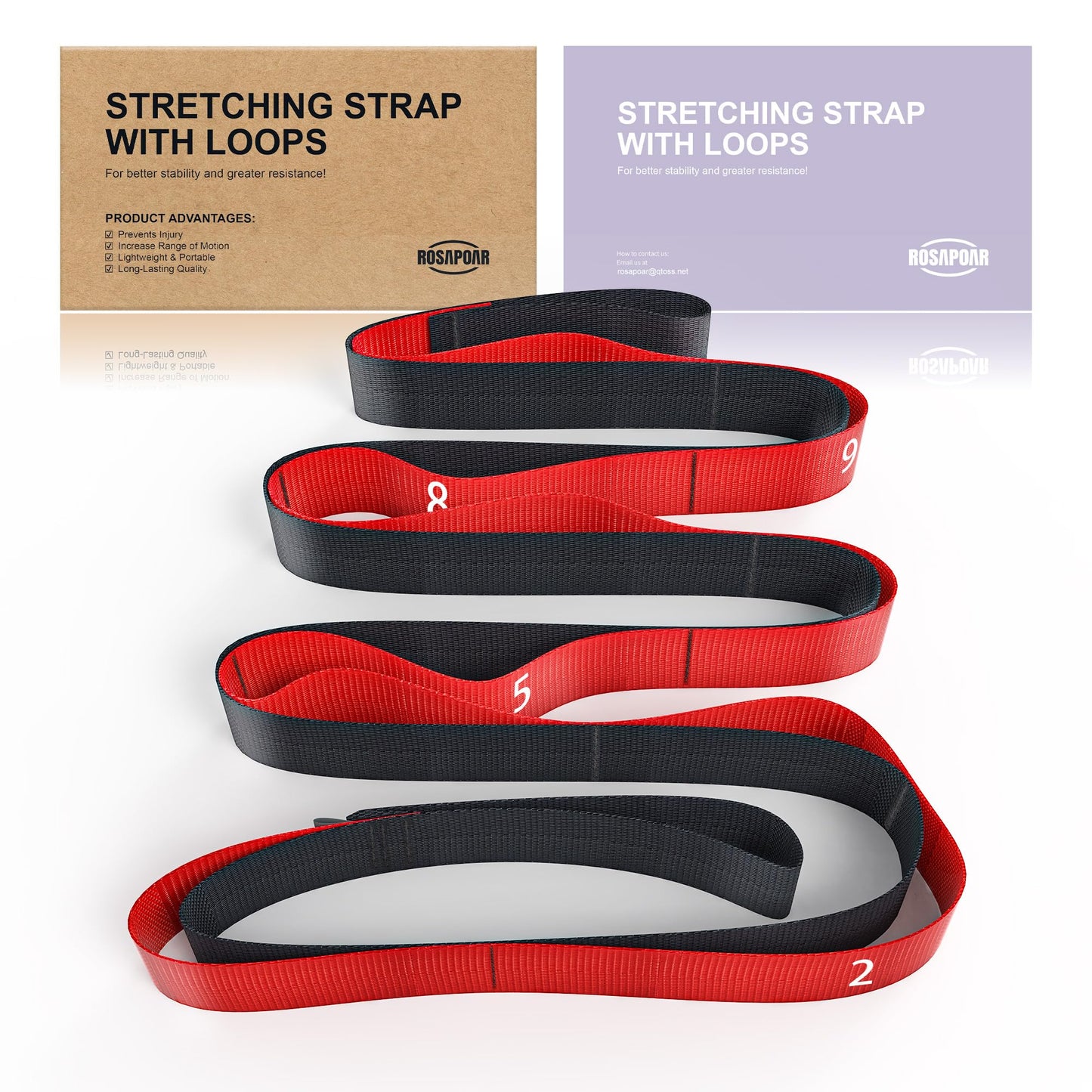 Non Elastic Stretching Strap with Loops - Yoga Straps for Physical Therapy, Durable Stretch Bands for Exercise, Flexibility Training, Hamstring & Leg Stretcher, Yoga/Pilates/Gymnastics - Red