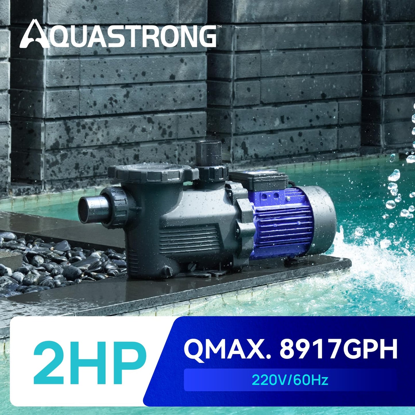 Aquastrong 2HP In/Above Ground Pool Pump, Single Speed, 220V, 8917GPH, High Flow, Powerful Self Primming Swimming Pool Pumps with Filter