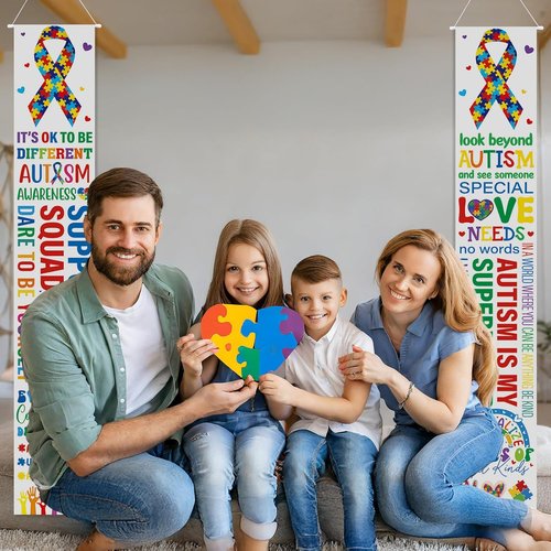 DoubleFill Autism Awareness Banners - 2 Pcs Puzzle Piece Door Decorations for Indoor/Outdoor Use
