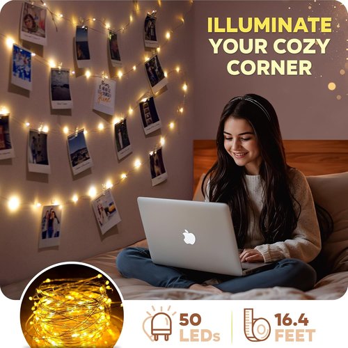 Mind-Glowing Photo Clips String Lights - Warm White Fairy Lights for Hanging Pictures | 50 LED, 16.4 ft - Perfect Teen Girl Room Decor & Birthday Gift