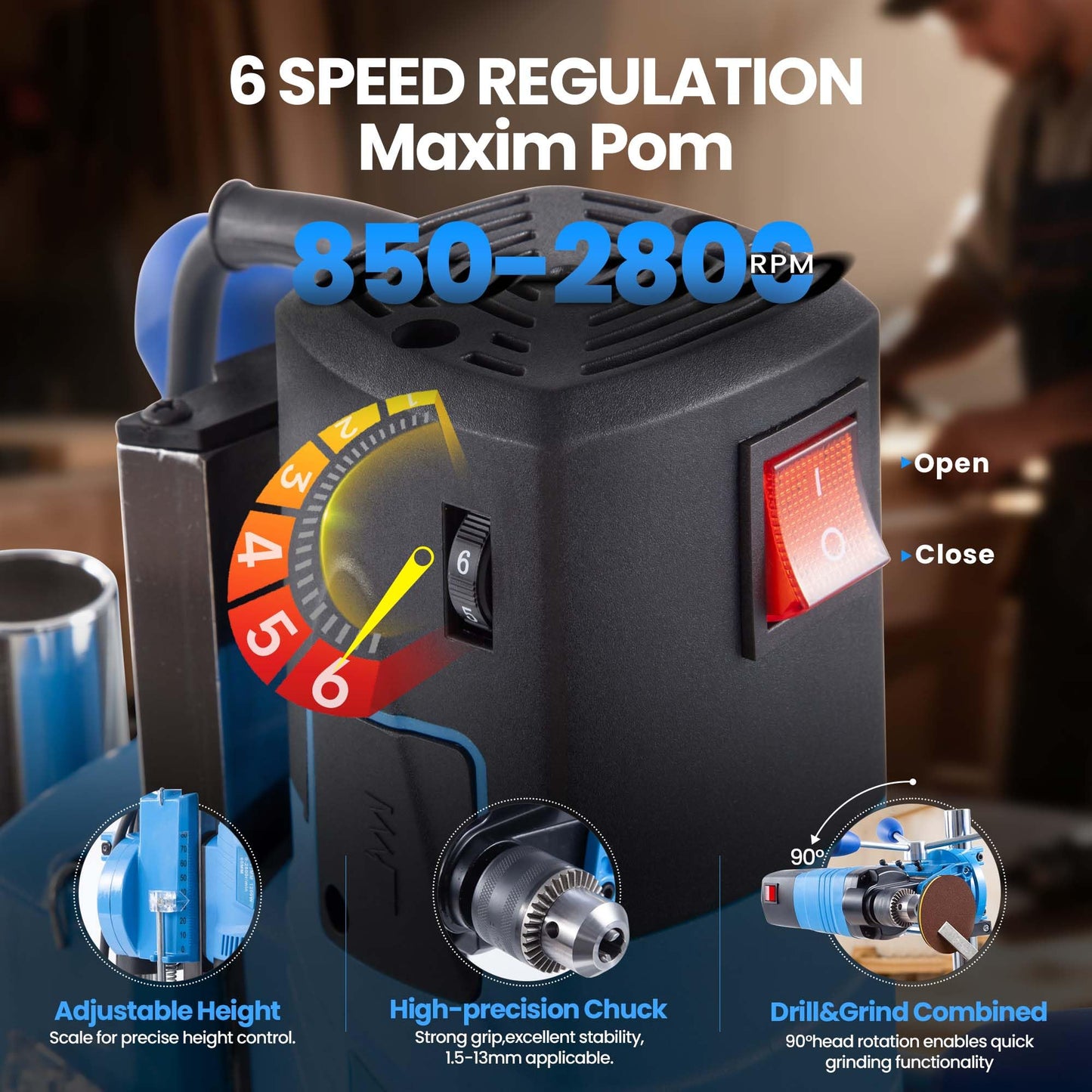 bellaDimora Mini Benchtop Drill Press — 1200W 6-Speed 2800rpm, 16-Piece Multi-Material Drill Bit Kit, 360° Rotation, 3.15 in Drilling Depth, Workshop Stand