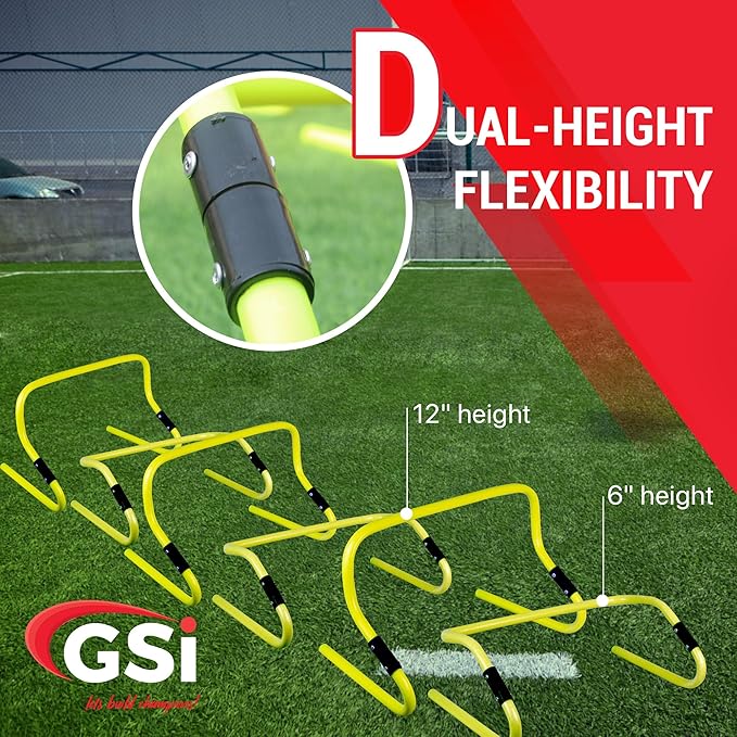 GSi Dual Height Agility Hurdle Pack of 6 – Adjustable 6" & 12" Training Hurdles for Sports, Fitness, and Agility Drills – Durable PVC Yellow Speed Hurdles for Soccer, Track, and Football Training
