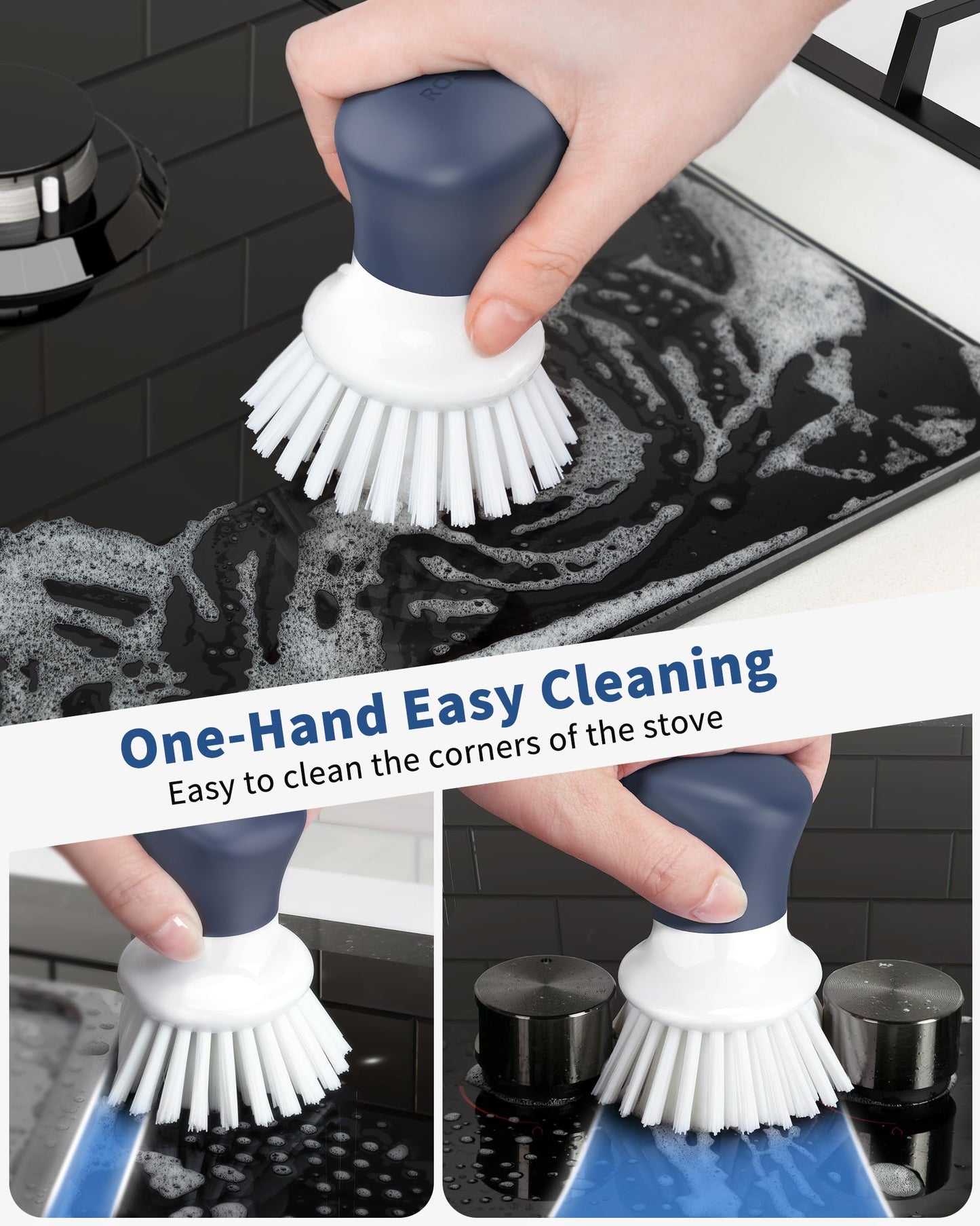 ROSEOK Dish Scrub Brush,Self-Standing Palm Brush with Ergonomic Grip for Cleaning Dishes,Non-Stick Pans and Sinks,Navy Blue,2 Pack