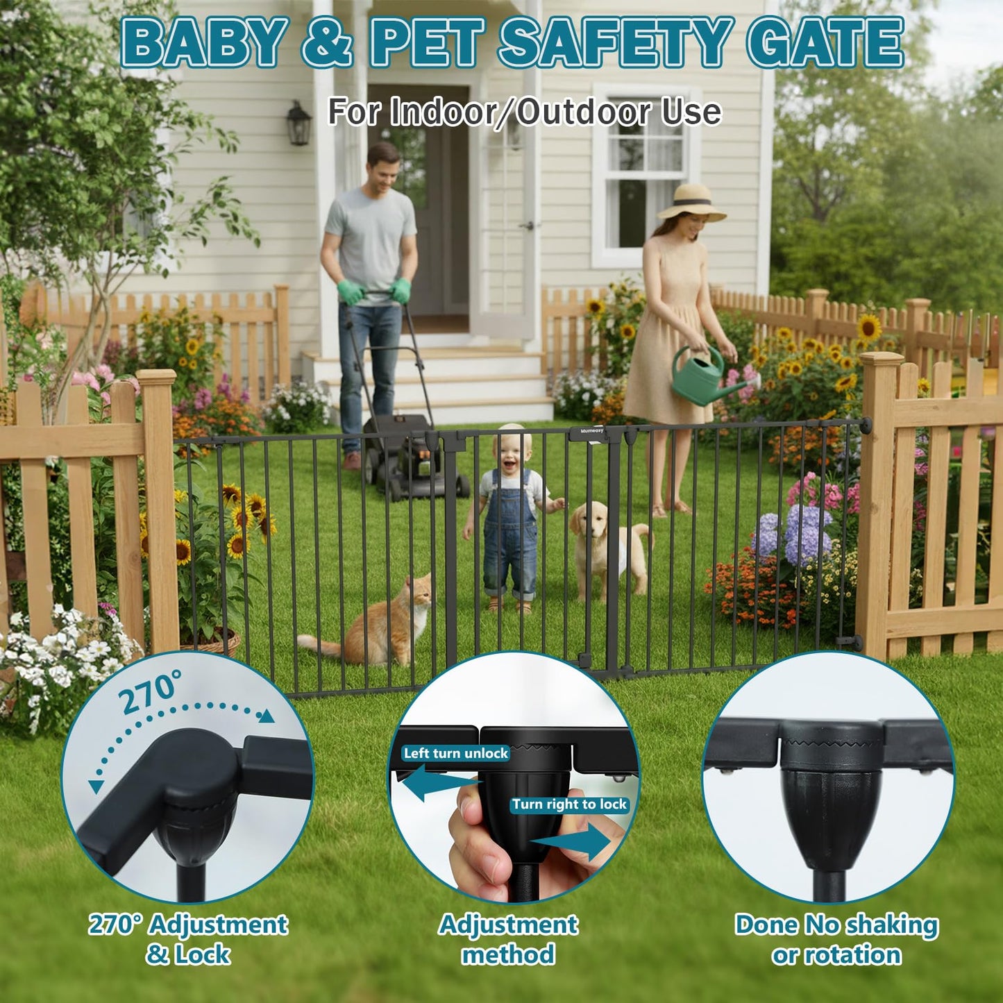 Mumeasy 80" Extra Wide Baby Gate for Doorways, Stairs & Fireplace, Auto Close Dog & Pet Gate with Walk Thru Door, 3 Metal Panels, Hardware Mounted Child Safety Fence for House, Indoor/Outdoor, Black