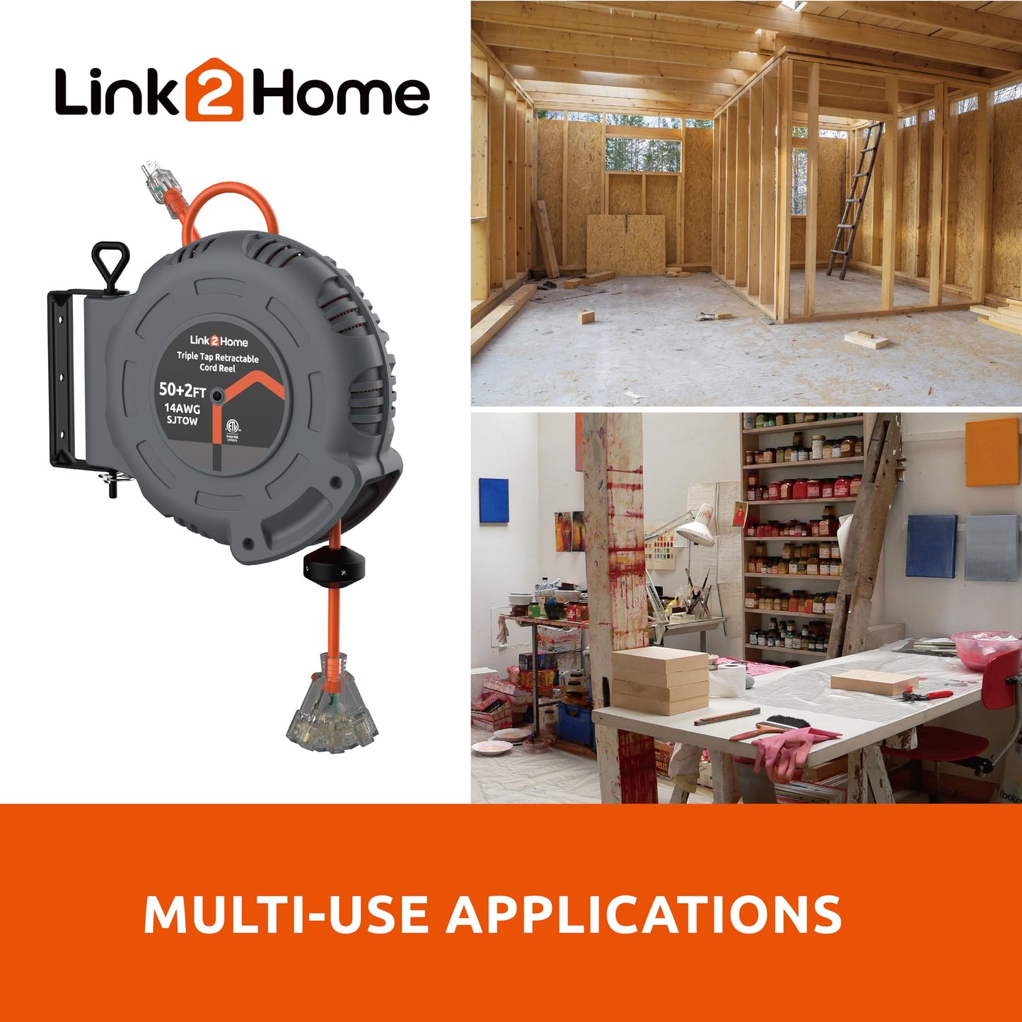 Link2Home 50 Ft. Retractable Extension Cord Reel with 3 Outlets, Lighted Triple Tap, 14AWG SJTOW Heavy-Duty Cord, Overload Protection, Wall/Ceiling Mount