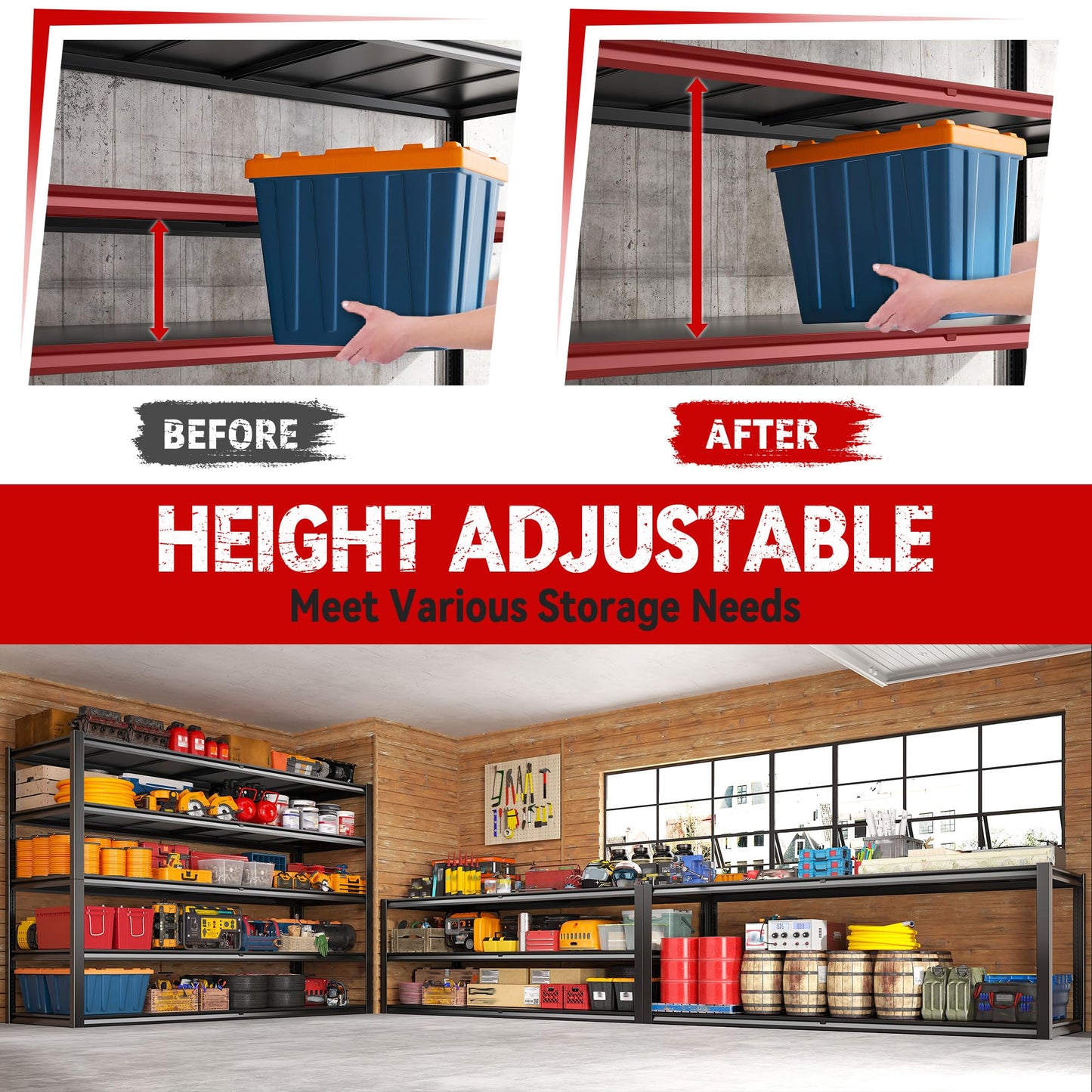 REIBII 78" H Garage Shelving,Garage Storage Heavy Duty Shelves Shelving Unit Load 3000LBS,5 Tier Adjustable Metal Shelves for Warehouse, Basement, Pantry, Factory, 55" W x 26" D x 78" H