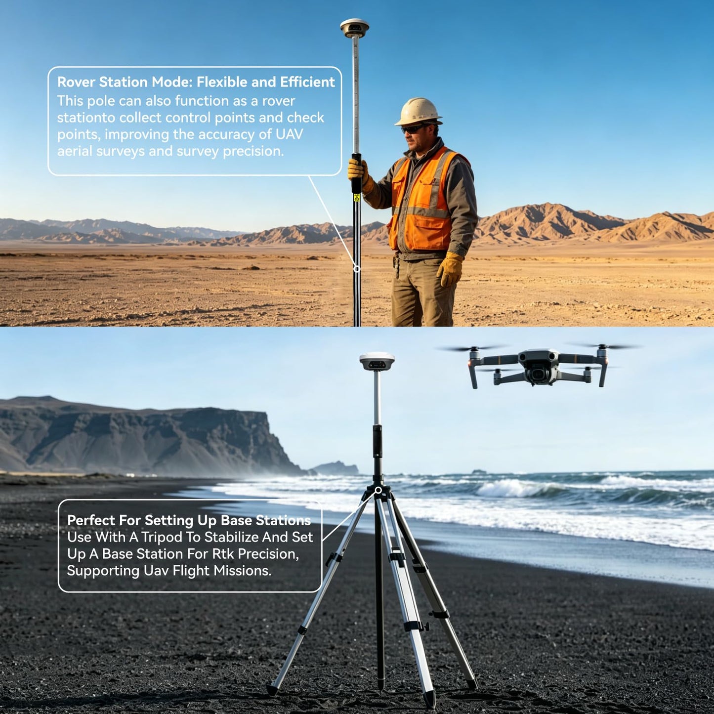 Self-Locking Survey Pole, Carbon Fiber & Aluminum Lightweight GPS Rover Pole, 5/8" Thread, Adjustable Height 125-200 cm (49-79"), Compatible with DJI, SingularXYZ & Most RTK Rover Systems