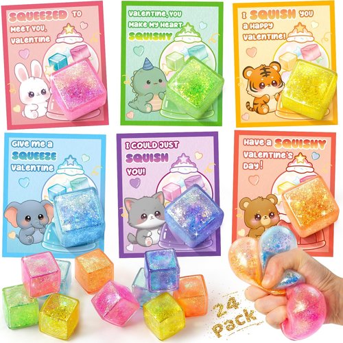 Class Valentines Day Gifts for Kids, 24 Pack Valentine Cards for Kids School with Ice Stress Cube, Squeeze Toy for Classroom Valentines Day Gifts Exchange, Valentine Party Favors Prize for Boys Girls
