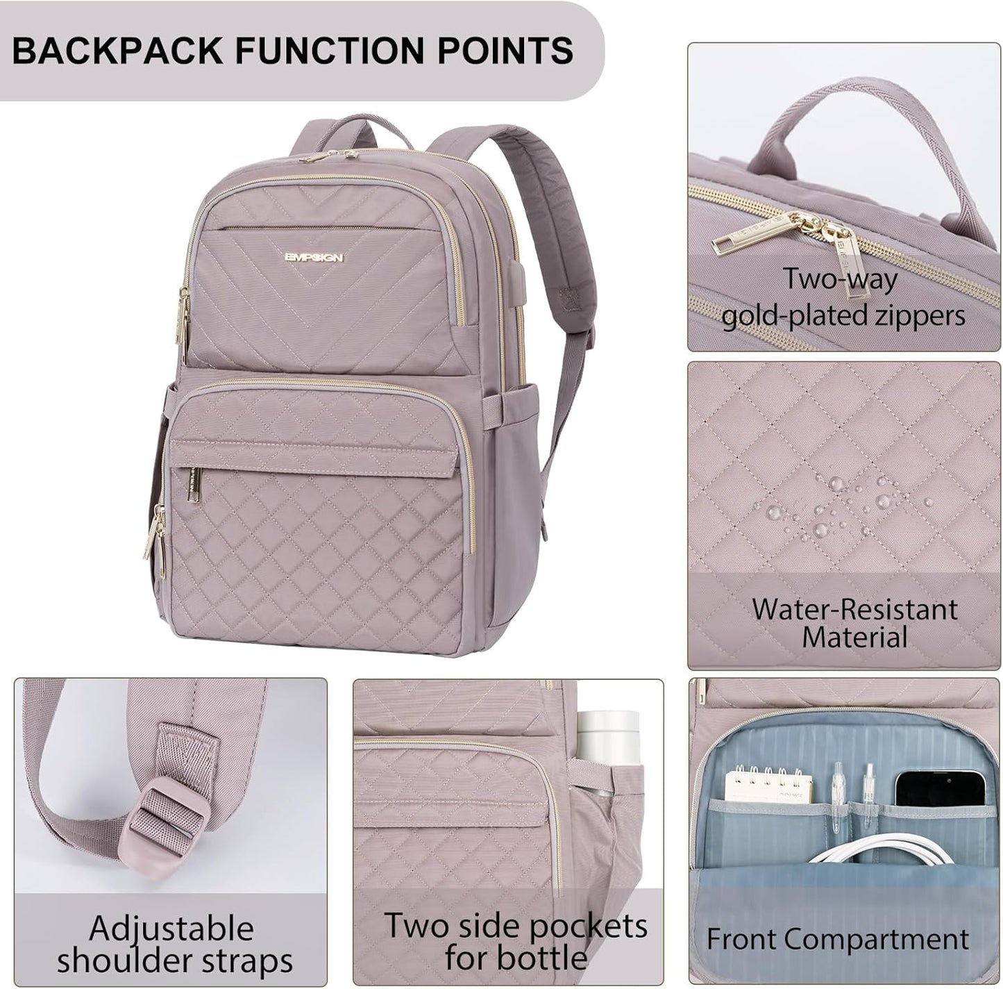 Backpack 15.6 Inch Backpack, 30L Backpack, EMPSIGN Laptop Purse for Women and Men with USB Charging Port, Travel Water