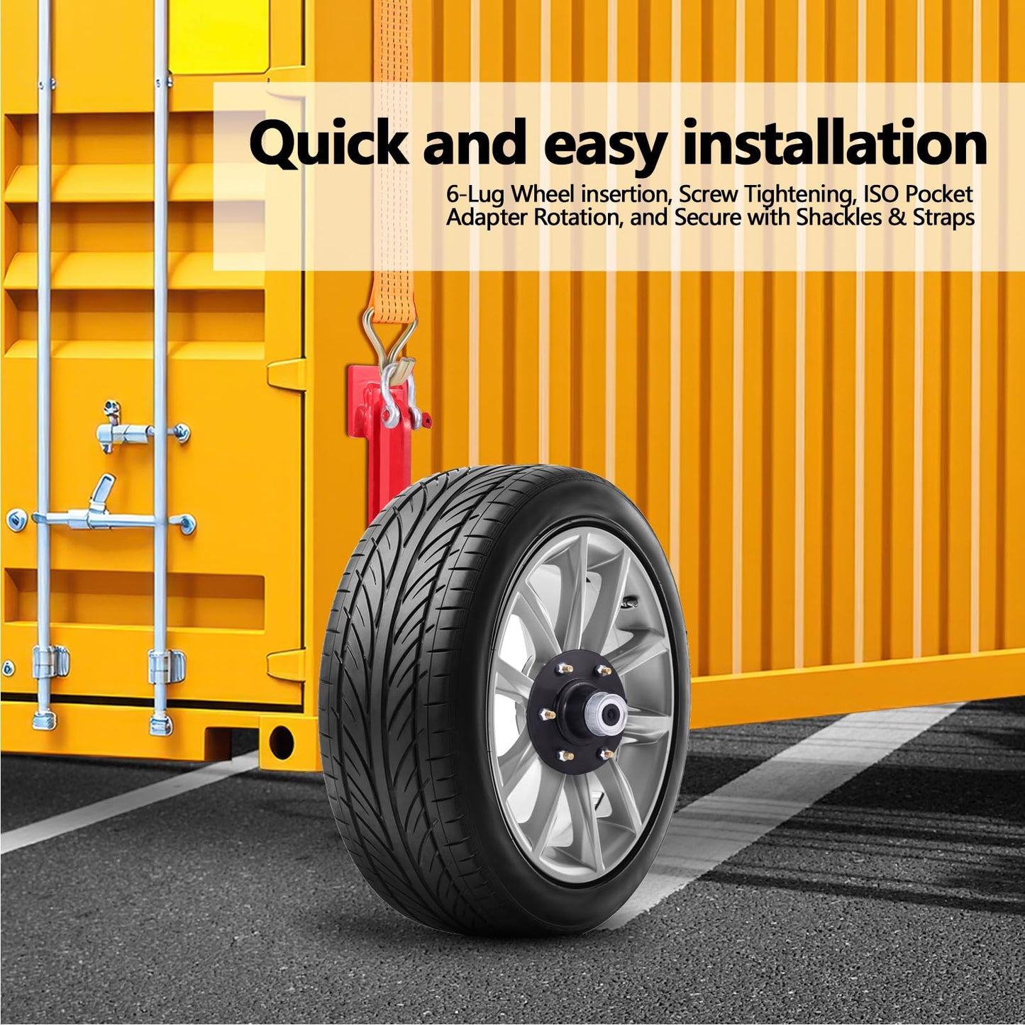 Red 6 Holes Shipping Container Wheels Kit with Heavy Duty Axle & Ratchet Strap - Fast, Safe 20ft-40ft Container Transport