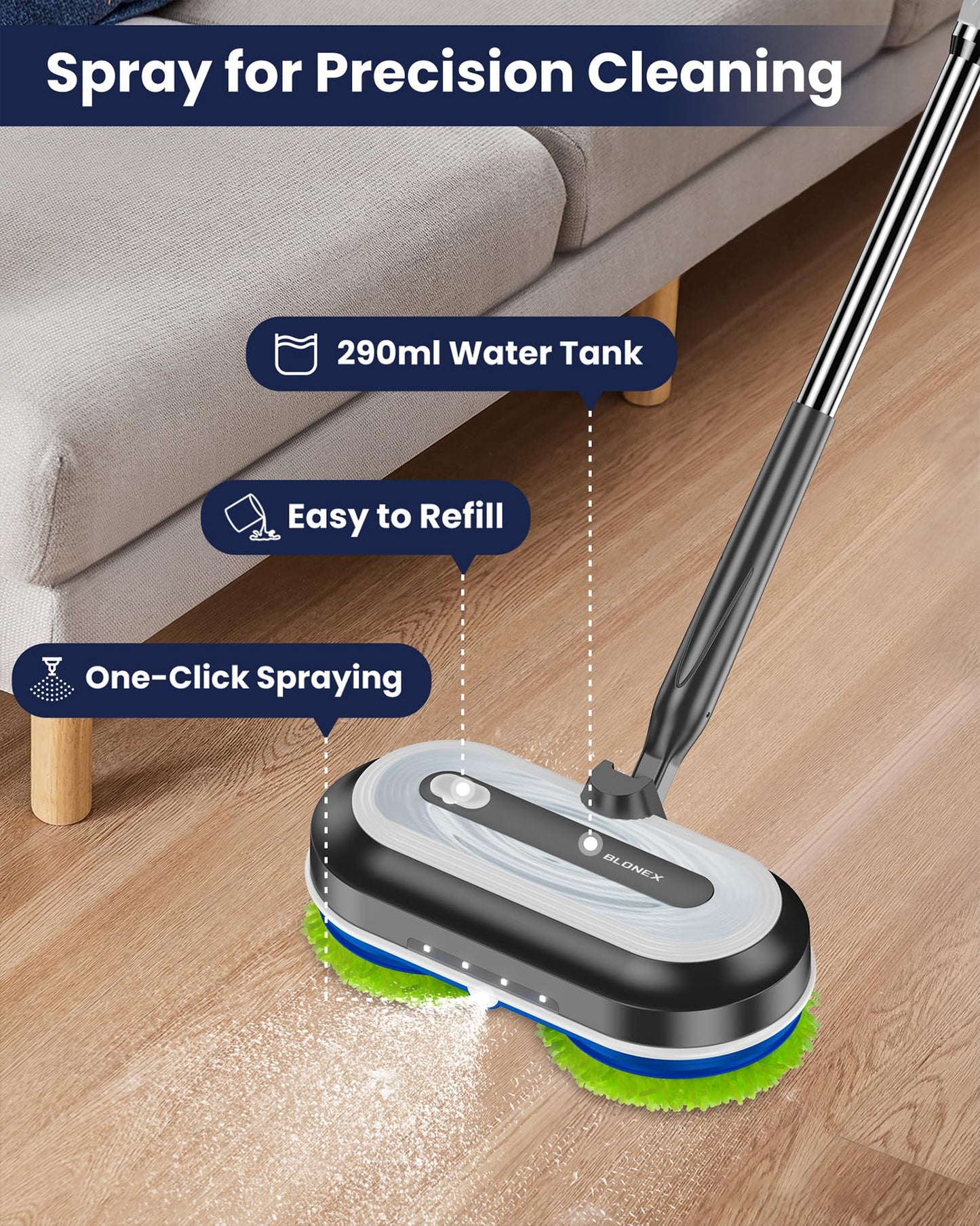 Blonex Cordless Electric Mop, Electric Spin Floor Mop with LED Headlights & Water Sprayer, Long-Lasting Battery, Large 290ml Tank, Self-Propelled Floor Cleaner with Adjustable Tube for All Floors