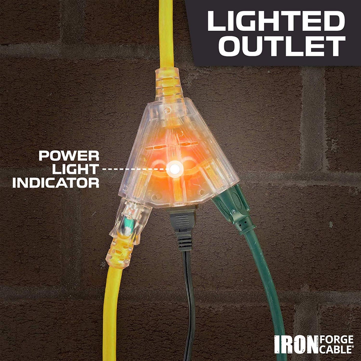 Iron Forge Cable 50 Ft Outdoor Extension Cord - 3 Outlets - 12/3 SJTW Heavy Duty Yellow 3 Prong, 15 AMP & 75 Ft Extension Cord Reel with 4 Electrical Outlets & Breaker Switch - 16/3 SJTW Orange Cable