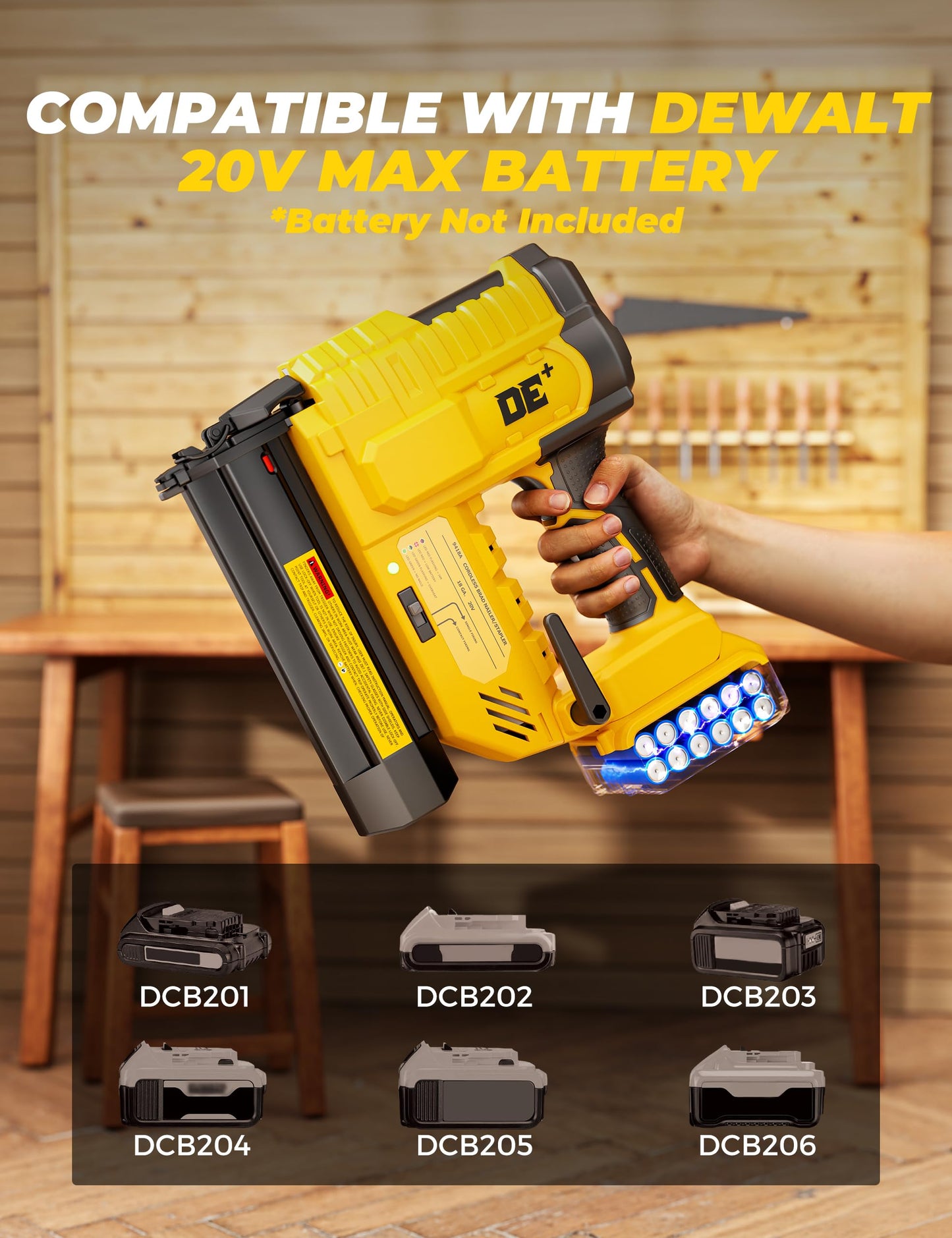 DeForce 18GA Cordless Brad Nailer, 2" Nail Gun for Dewalt 20V Max Battery, 2 IN 1 Electric Stapler, 2026 Upgraded Tool-Free Jam Release, 2 Modes, Adjustable Depth, 1000pcs Nails(No Battery), Yellow