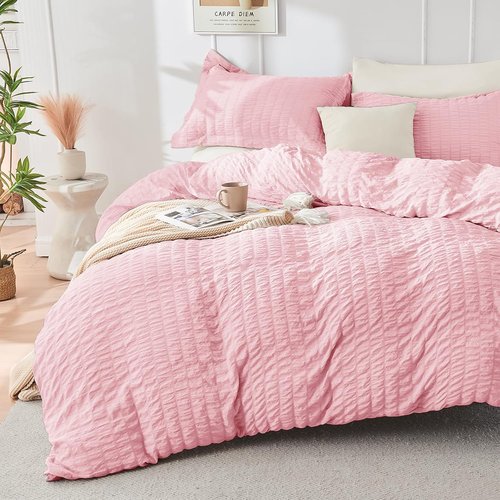 HYMOKEGE Queen Comforter Set - 7-Piece Seersucker Luxury Bedding in Pink/Ivory | All-Season Bed in a Bag