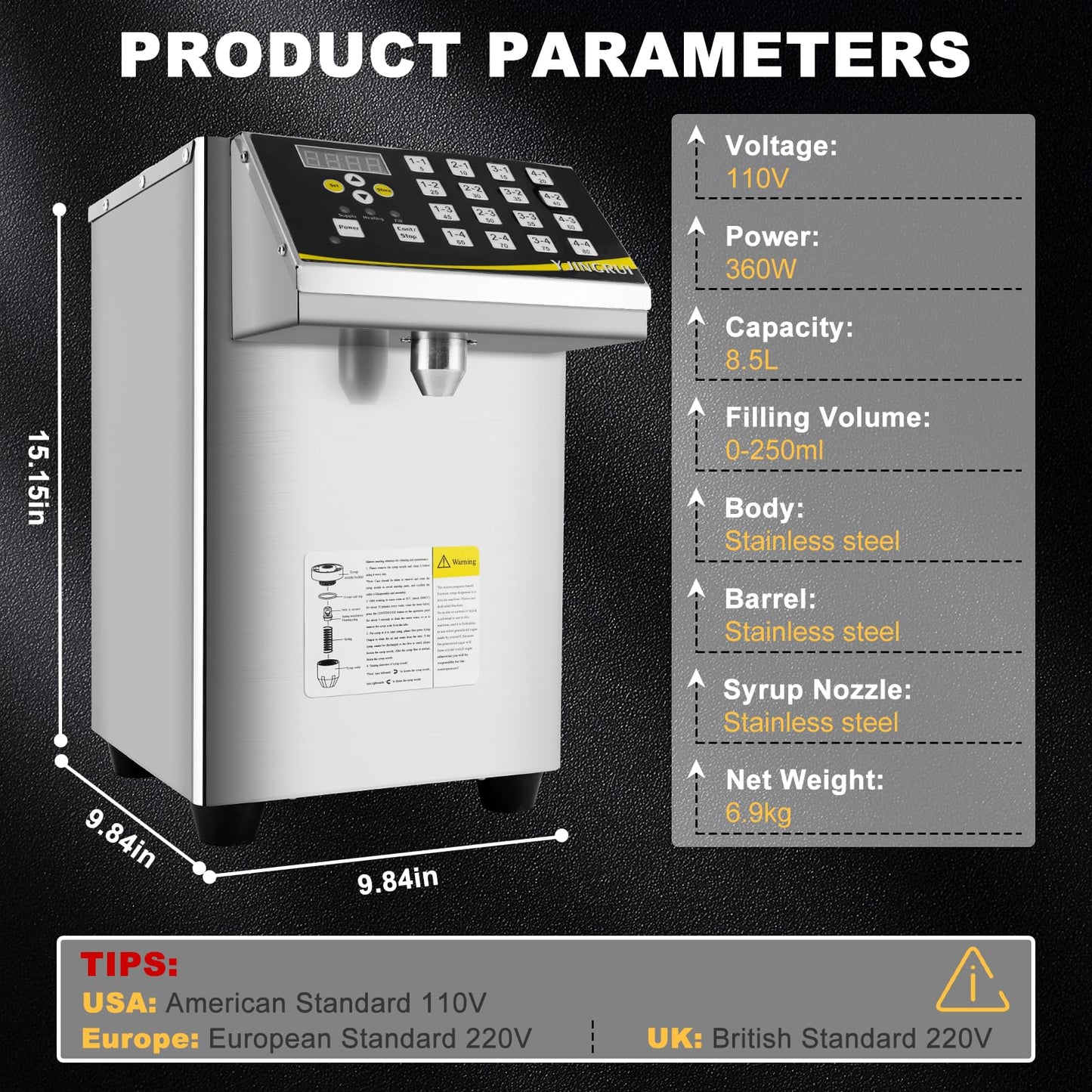 YJINGRUI Fructose Dispenser, Brushed Stainless Steel Fructose Machine, Fructose Dispenser Machine (8.5L 110V 16Groups)