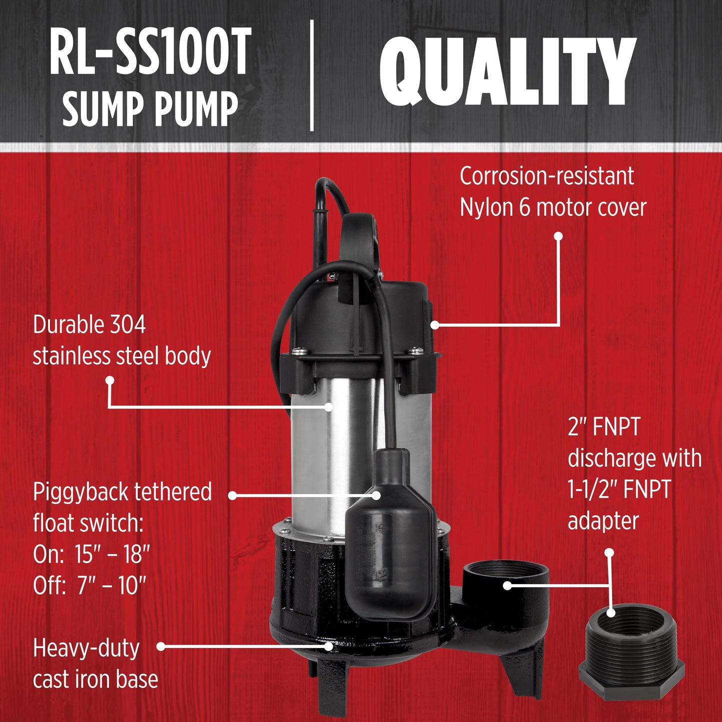 Red Lion RL-SS100T 115 Volt, 1 HP, 5300 GPH Premium Submersible Stainless Steel Sump Pump with Tethered Switch and 20-Ft. Cord, Black, 14942782