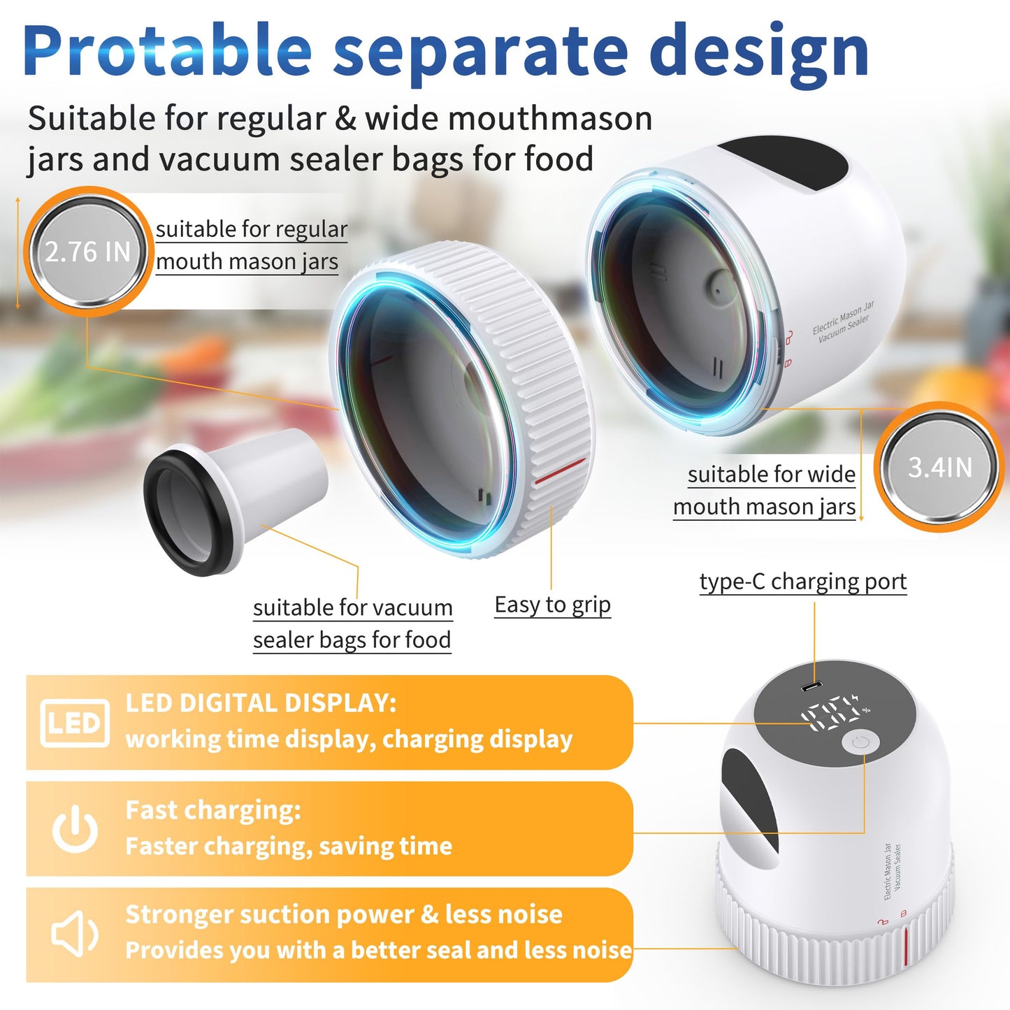 3 in 1 Electric Mason Jar Vacuum Sealer Kit, Auto Stop Jar Vacuum Sealer for Mason Jar Wide & Regular Mouth & Sous Vide Bags Compact vacuum sealer for Food White