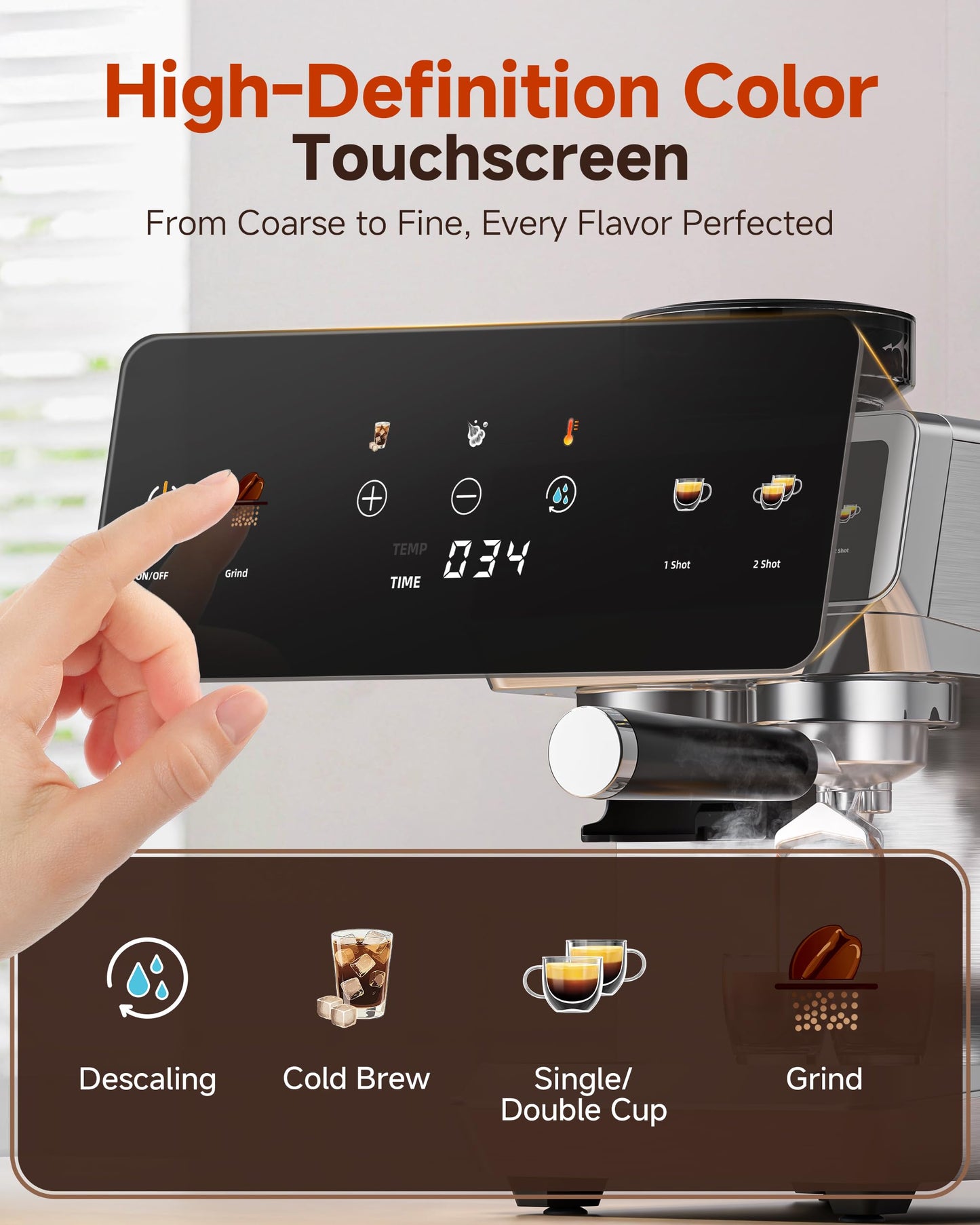 AMZCHEF Espresso Machine With Grinder, 44 Grind Settings 20 Bar Coffee Machine