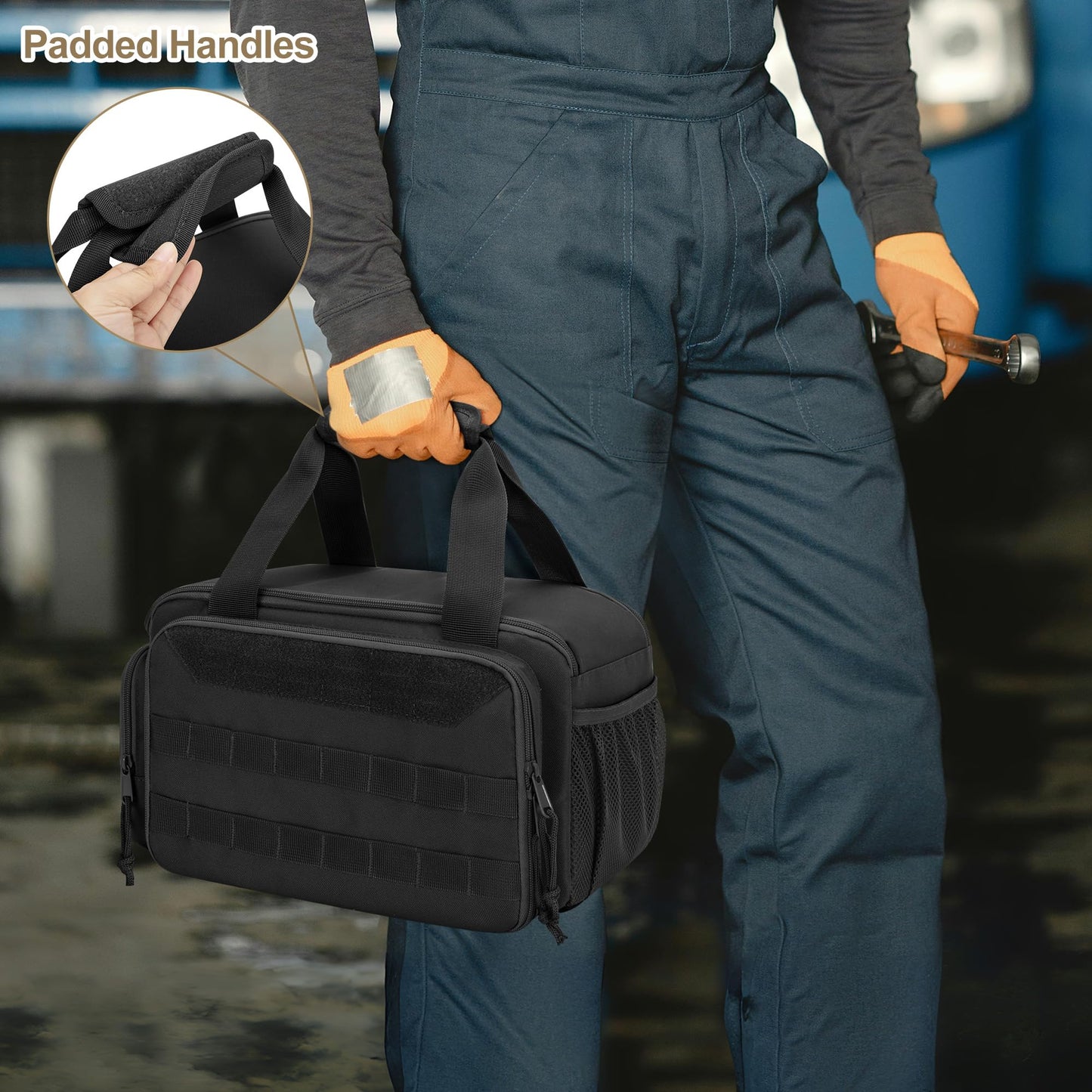 Rexmica 12-Inch Tool Bag with Anti-friction Bottom, Hand Tool Storage Organizer Bag for Men, Tactical Range Bag, Multi-purpose Work Tote for Repairman, Electrician, Carpenters, Handyman, Black