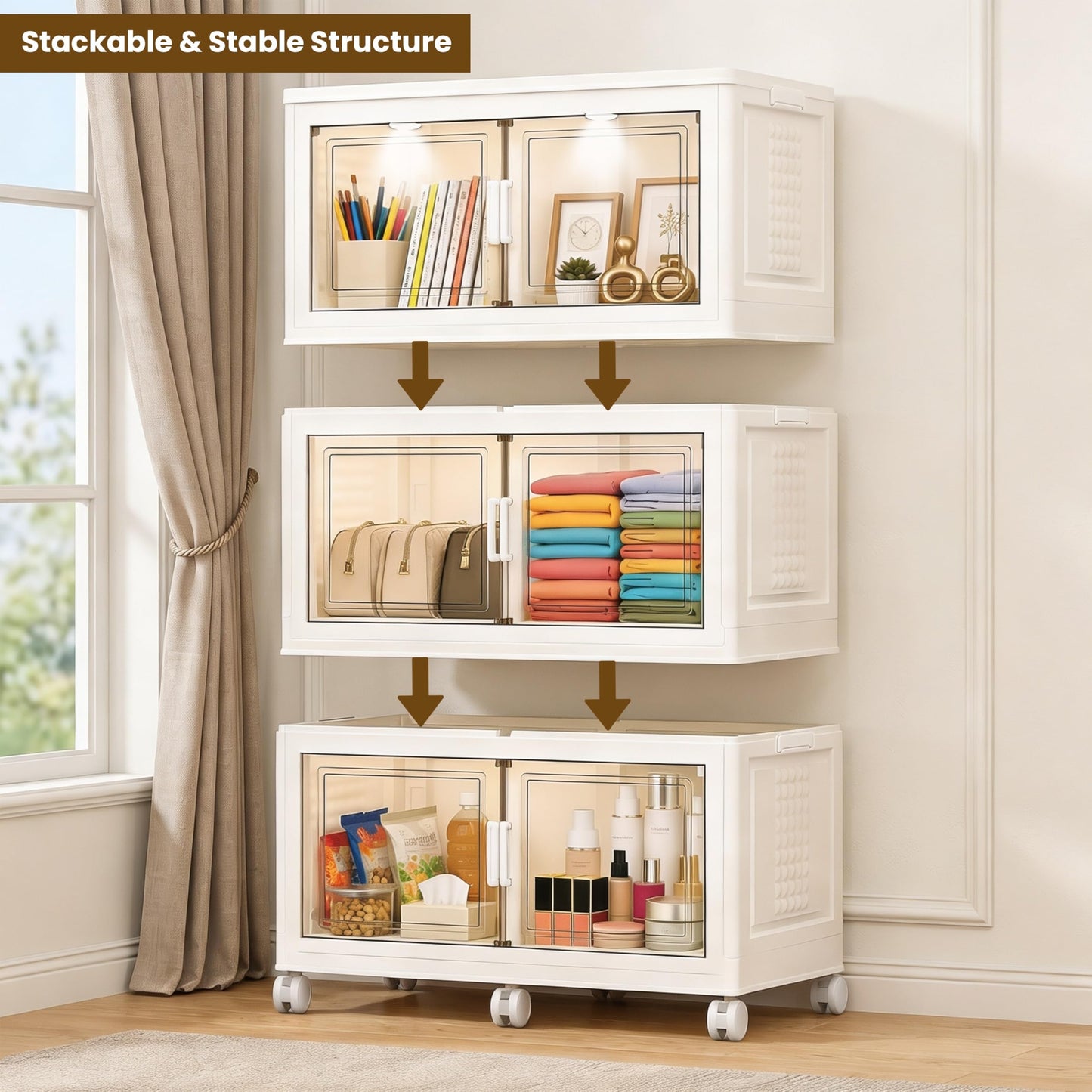 FINCHESCLUB 568QT/141GAL 3 Tier Stackable Storage Bins, Foldable Cabinets with Wheels, Doors and Motion Sensor Lights, Collapsible Closet Storage Organizer, 3 Pack Cubes, White