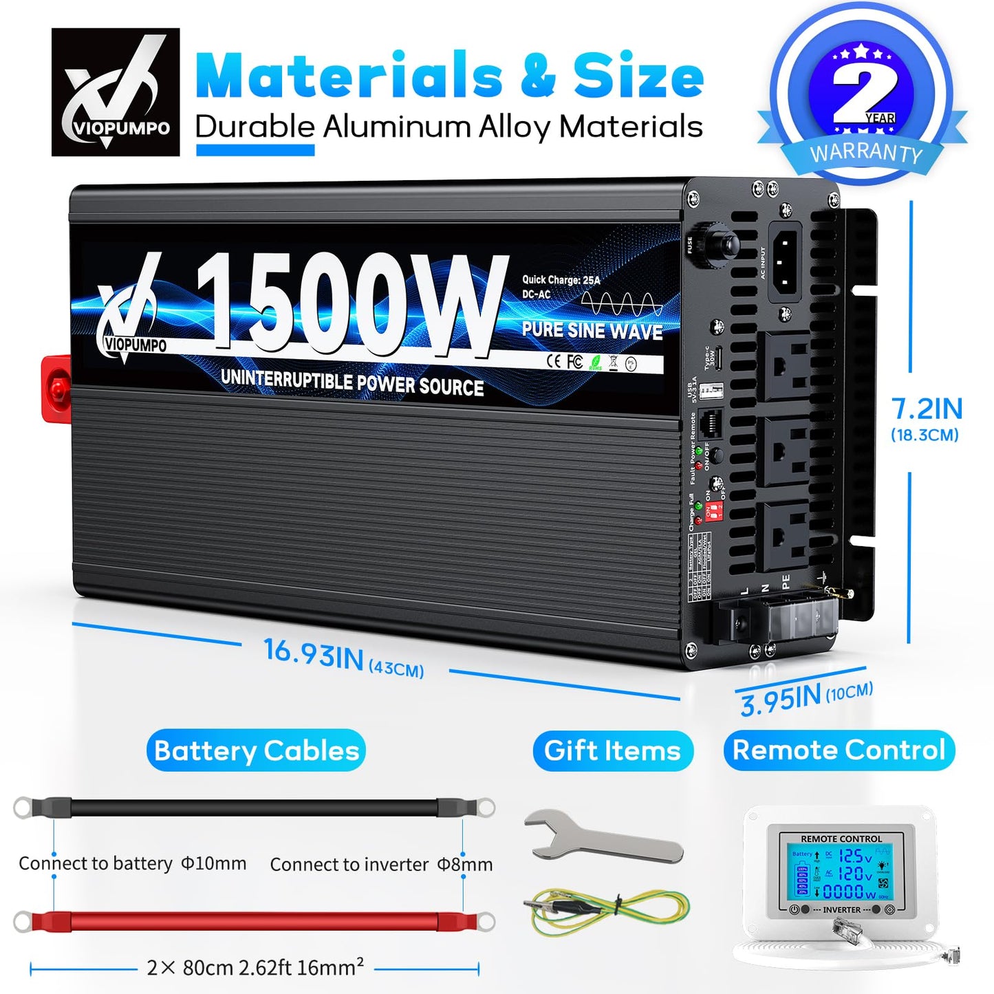 2500 Watt Sump Pump Backup Battery System, Automatic Switching to Battery Inverter Power, Professional Backup System in Case of Power Failure, Pure Sine Wave Output Remote Controller with LCD Screen